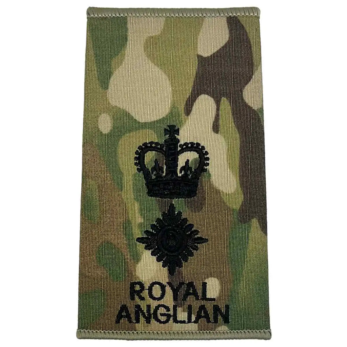 Royal Anglian Rank Slide Multicam with crown above pip, dark green embroidery on camouflage, signifying lieutenant colonel rank. LT Colonel from John Bull Clothing