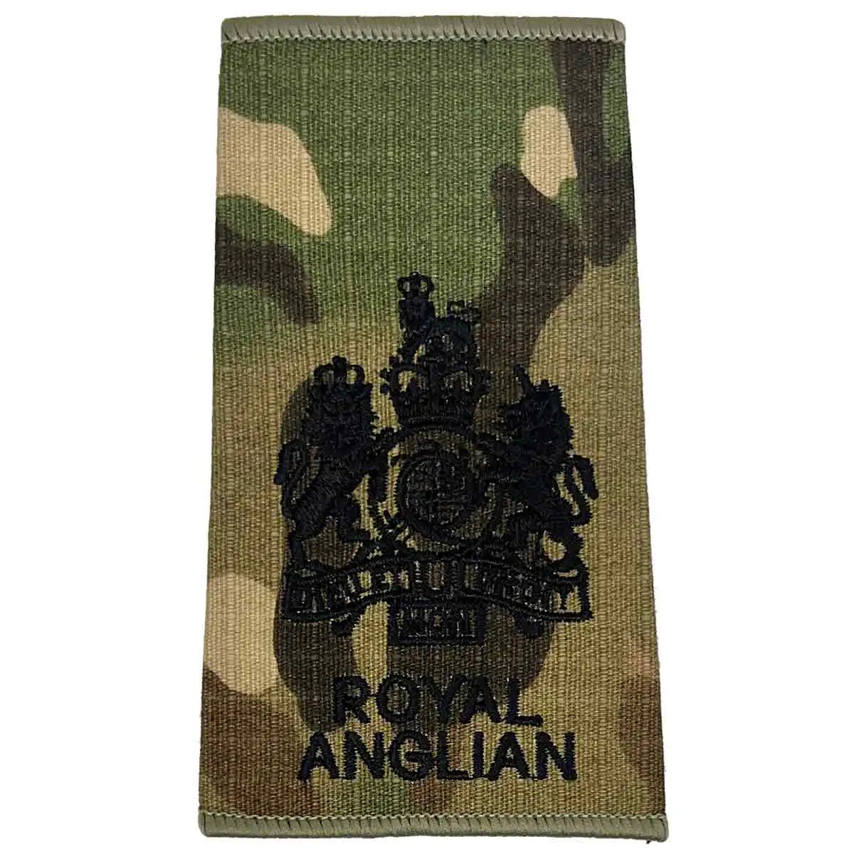 Royal Anglian Rank Slide Multicam with regimental crest, dark green embroidery on camouflage background, for ceremonial or regimental use. WO1 from John Bull Clothing