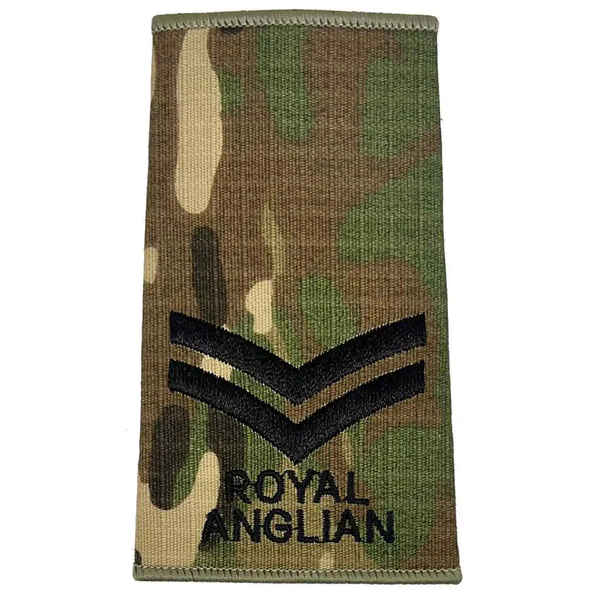Royal Anglian Rank Slide Multicam with two chevrons, embroidered in dark green on regulation camouflage, perfect for corporal rank. Corporal from John Bull Clothing