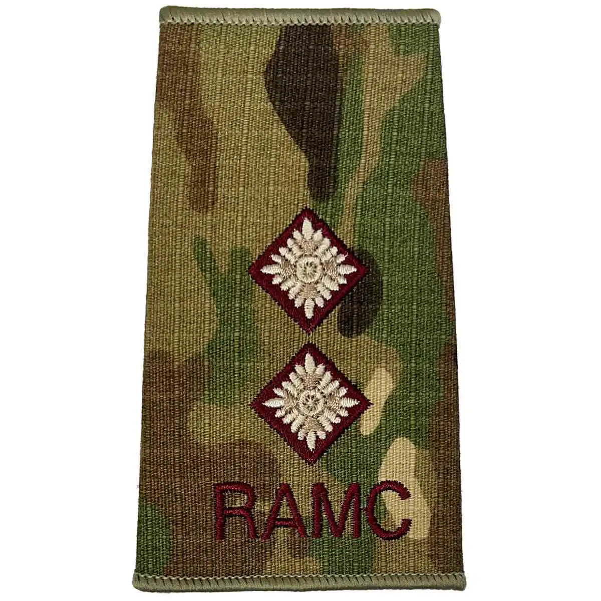 Royal Army Medical Corps Rank Slide Multicam with two diamond insignias and RAMC text, representing mid-level officer rank. LT from John Bull Clothing