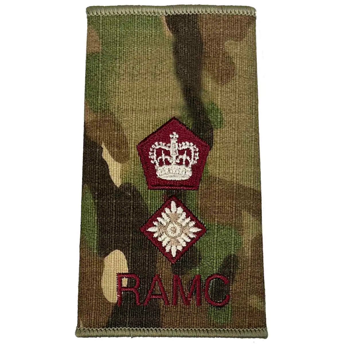 Royal Army Medical Corps Rank Slide Multicam with red crown and diamond insignia above RAMC text, for high-ranking officers. LT Colonel from John Bull Clothing
