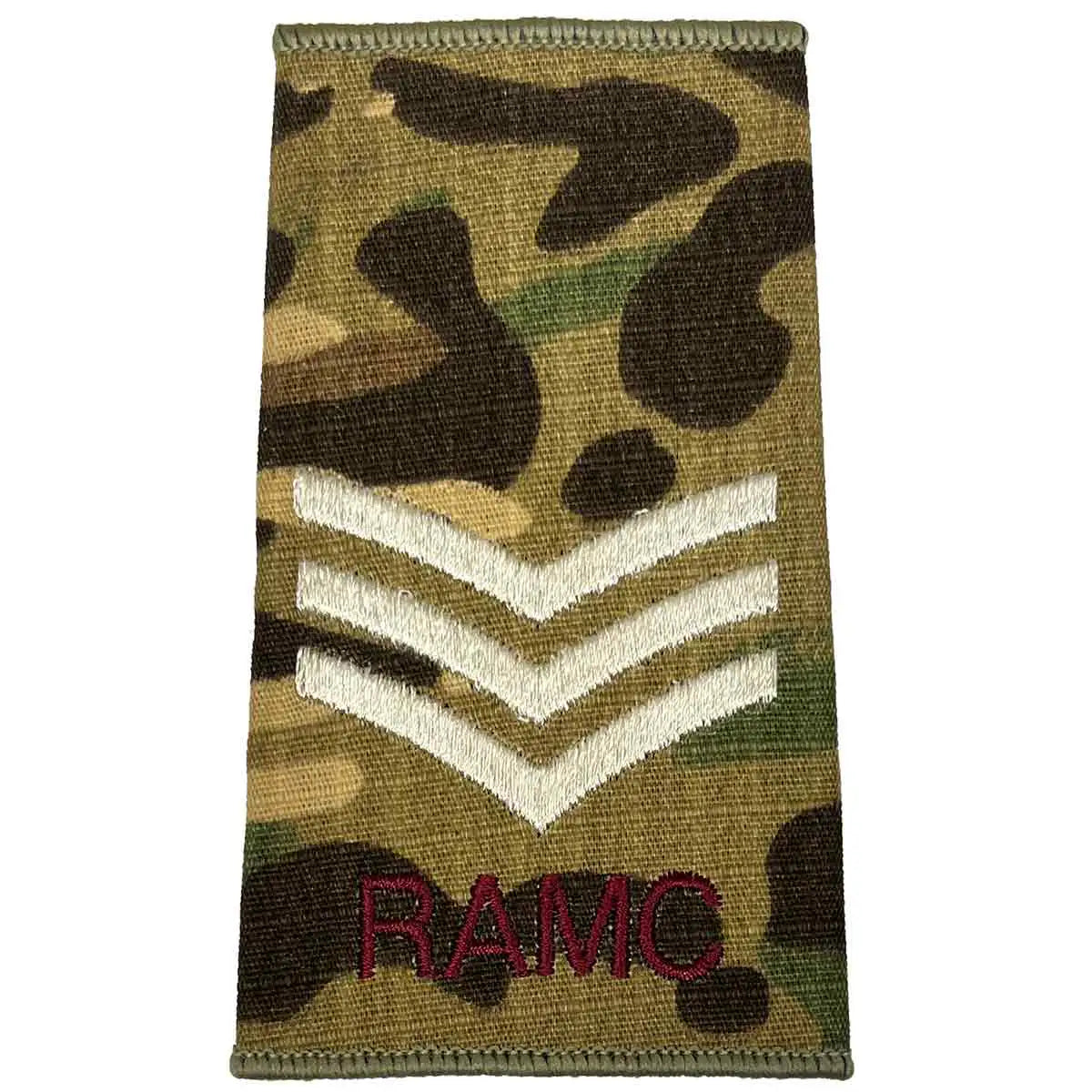 Royal Army Medical Corps Rank Slide Multicam with three ivory chevrons and RAMC text, designed for sergeant rank. Sergeant from John Bull Clothing