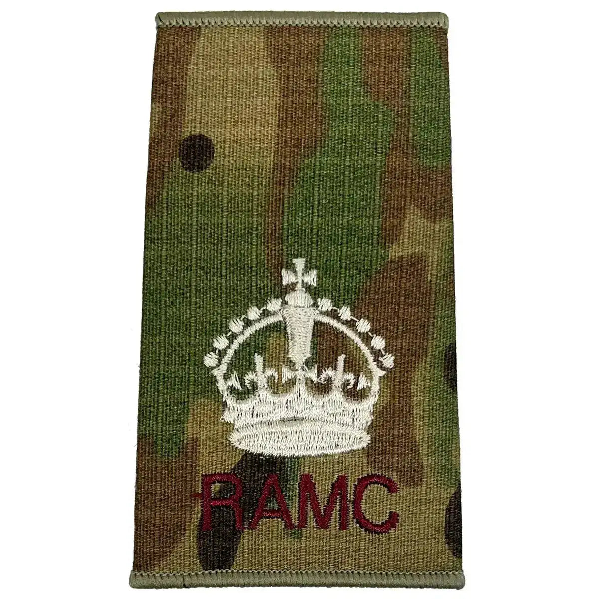 Royal Army Medical Corps Rank Slide Multicam with large ivory crown and RAMC text, denoting senior officer status. Kings Crown - WO2 Large Crown from John Bull Clothing