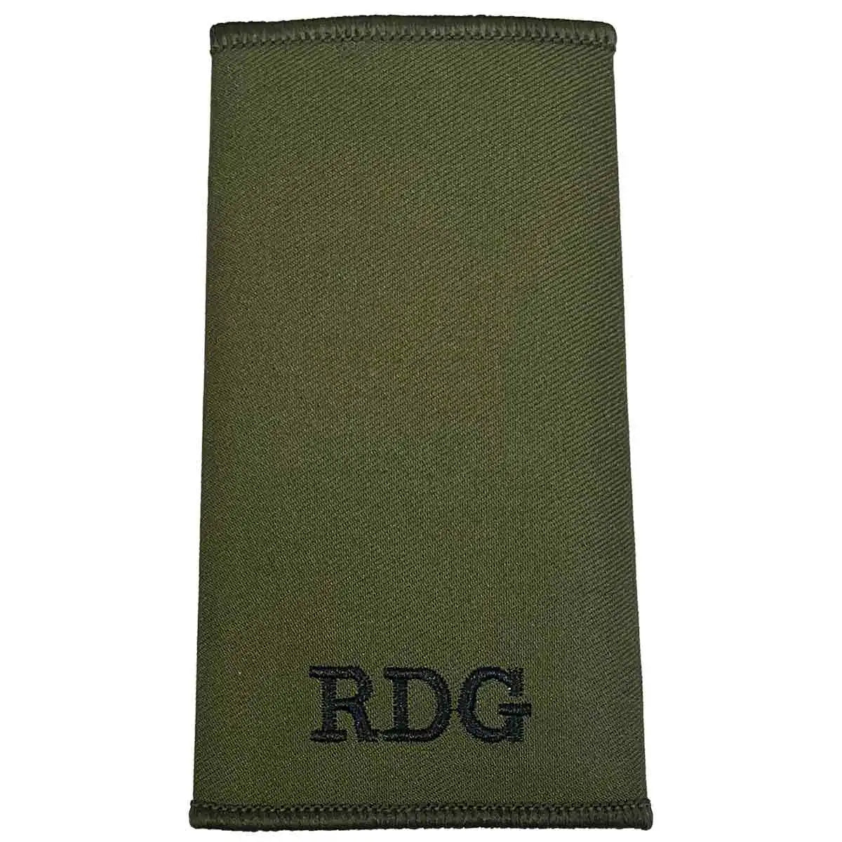 Plain Royal Dragoon Guards Green Rank Slide with RDG embroidery in black on regulation olive green backing, ideal for military uniform use Private from John Bull Clothing