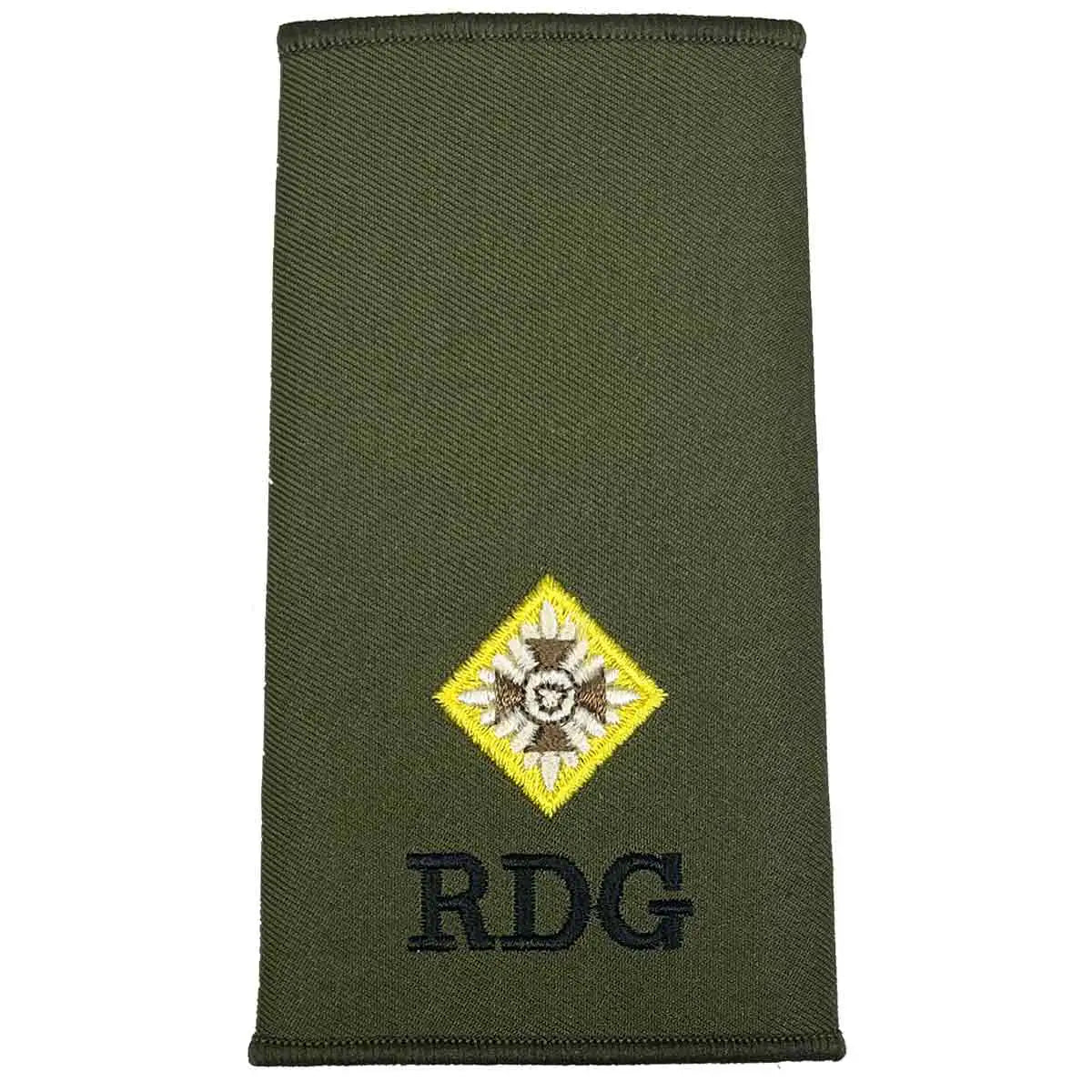 Royal Dragoon Guards Green Rank Slide with one yellow star insignia and RDG embroidery, crafted for military officer uniforms 2nd LT from John Bull Clothing
