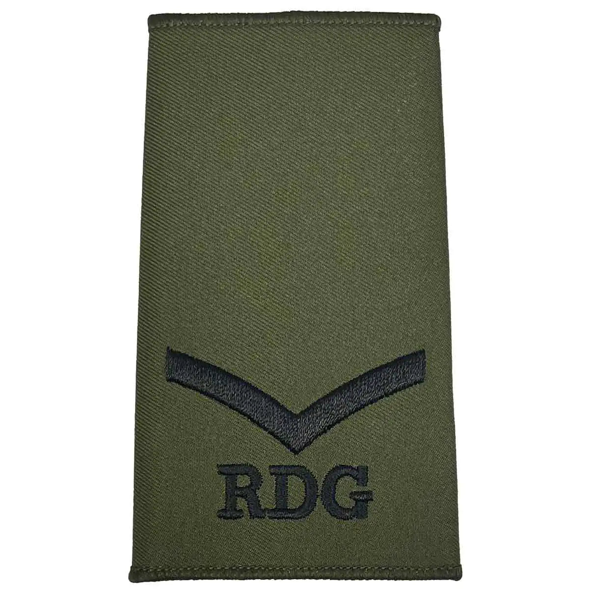 Royal Dragoon Guards Green Rank Slide with single black chevron and RDG text, crafted from durable Cordura for military apparel Lance Corporal from John Bull Clothing