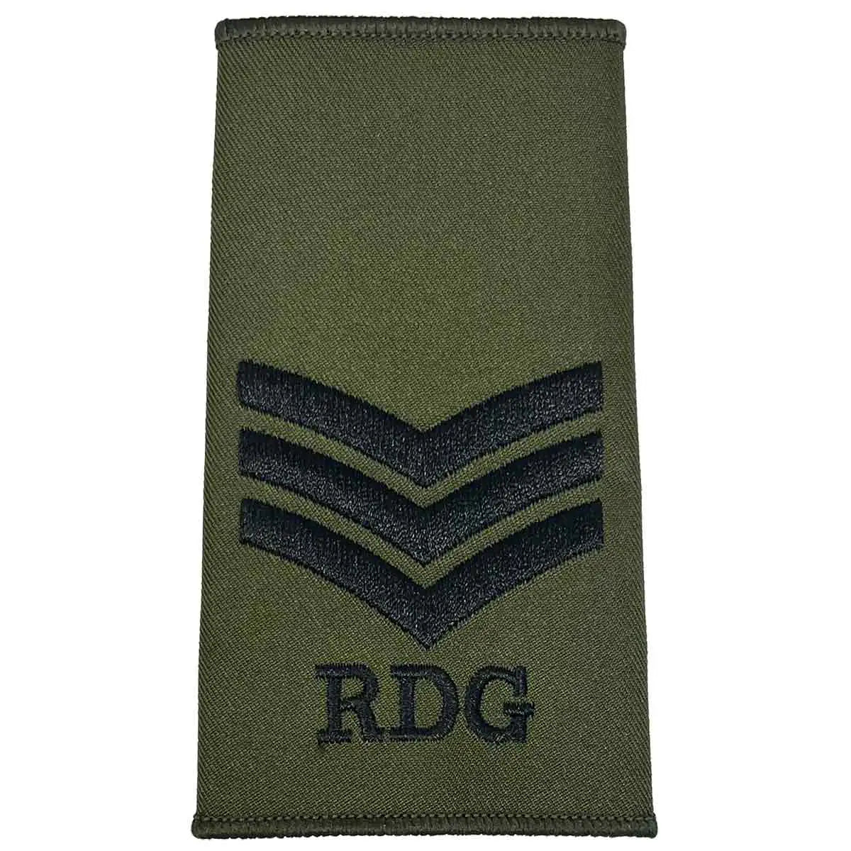 Royal Dragoon Guards Green Rank Slide with three black chevrons and RDG text, designed for military personnel uniforms Sergeant from John Bull Clothing