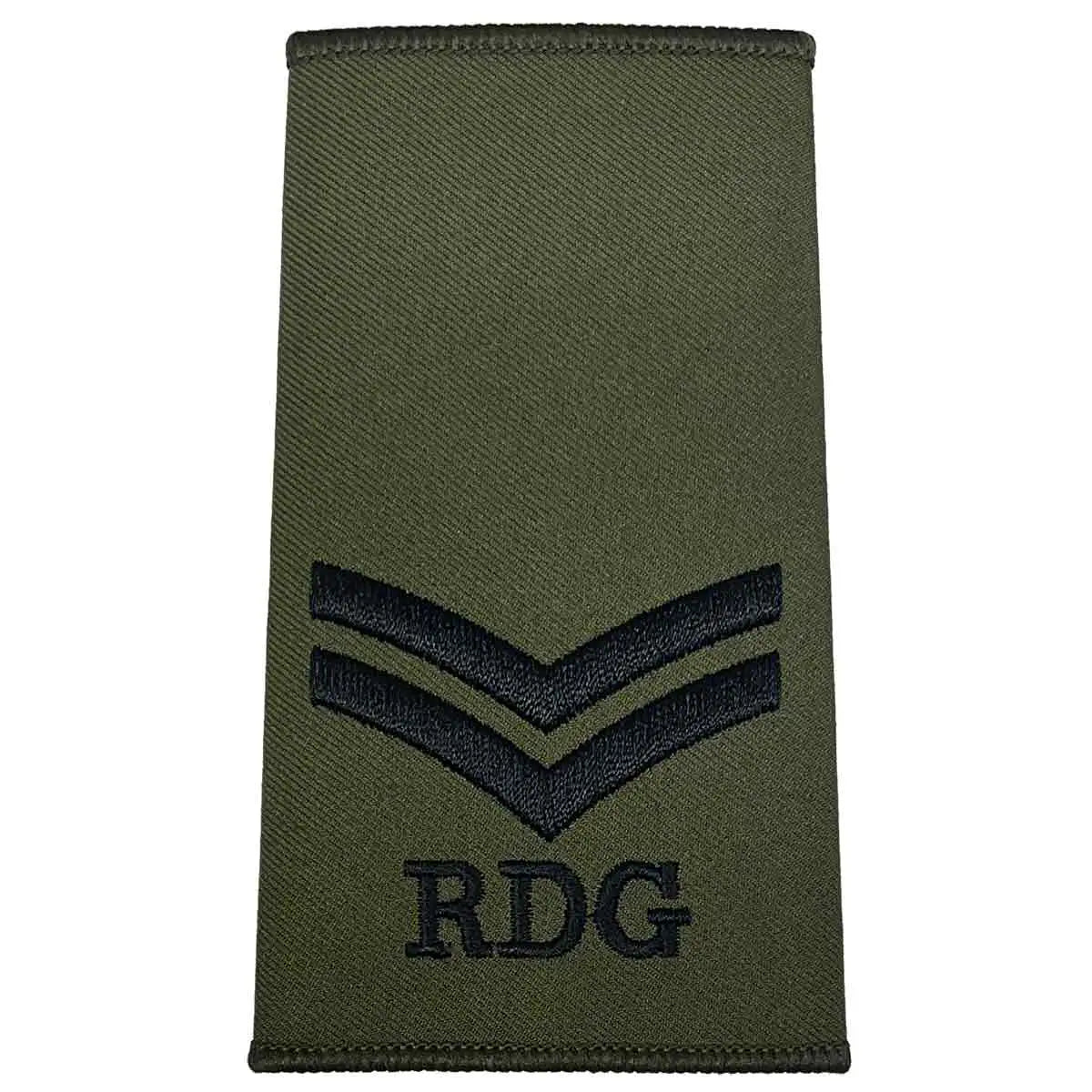 Royal Dragoon Guards Green Rank Slide with two black chevrons and RDG embroidery, suitable for military uniform rank identification Corporal from John Bull Clothing