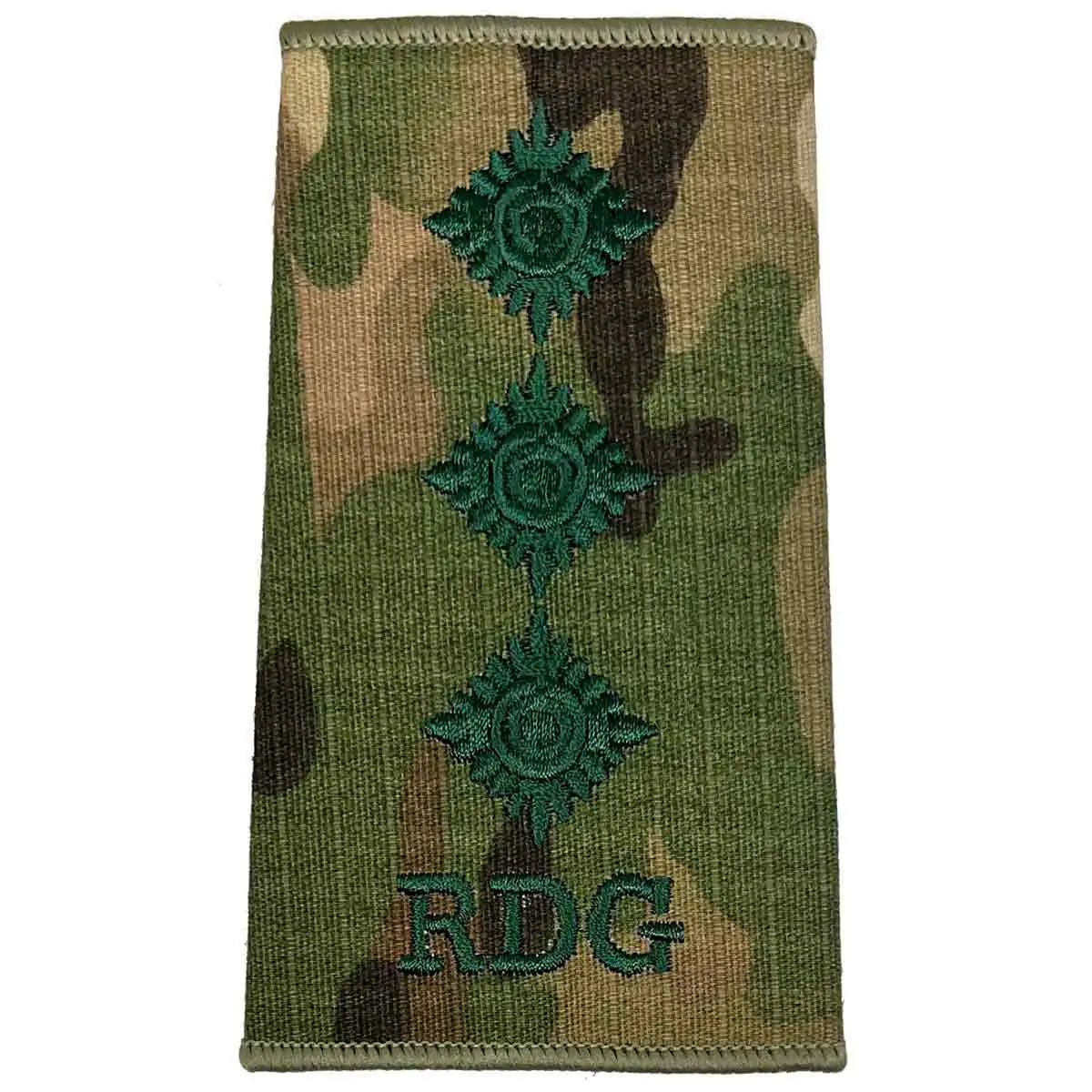 Royal Dragoon Guards Multicam rank slide with three star insignias and RDG initials, indicating senior officer status. Captain from John Bull Clothing