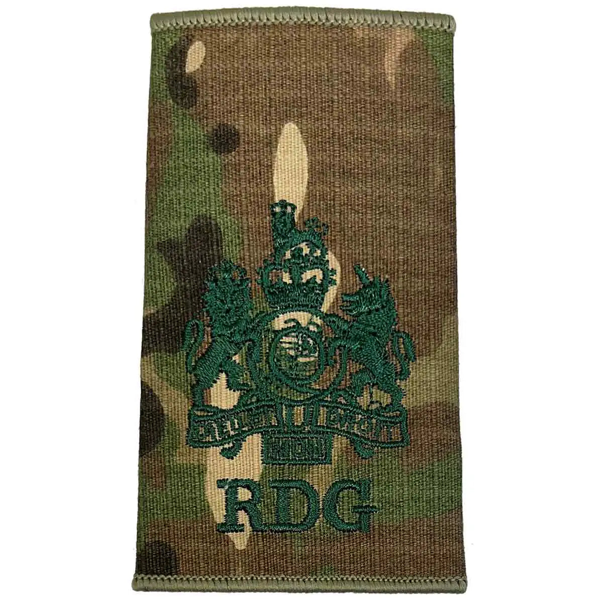 Royal Dragoon Guards Multicam rank slide with detailed royal crest and RDG initials, ideal for ceremonial or high-ranking uniforms. WO1 from John Bull Clothing