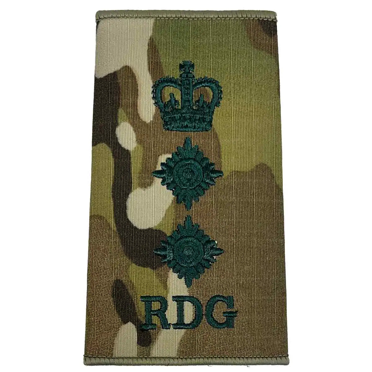 Royal Dragoon Guards Multicam rank slide with crown and two stars above RDG initials, representing colonel rank. Colonel from John Bull Clothing
