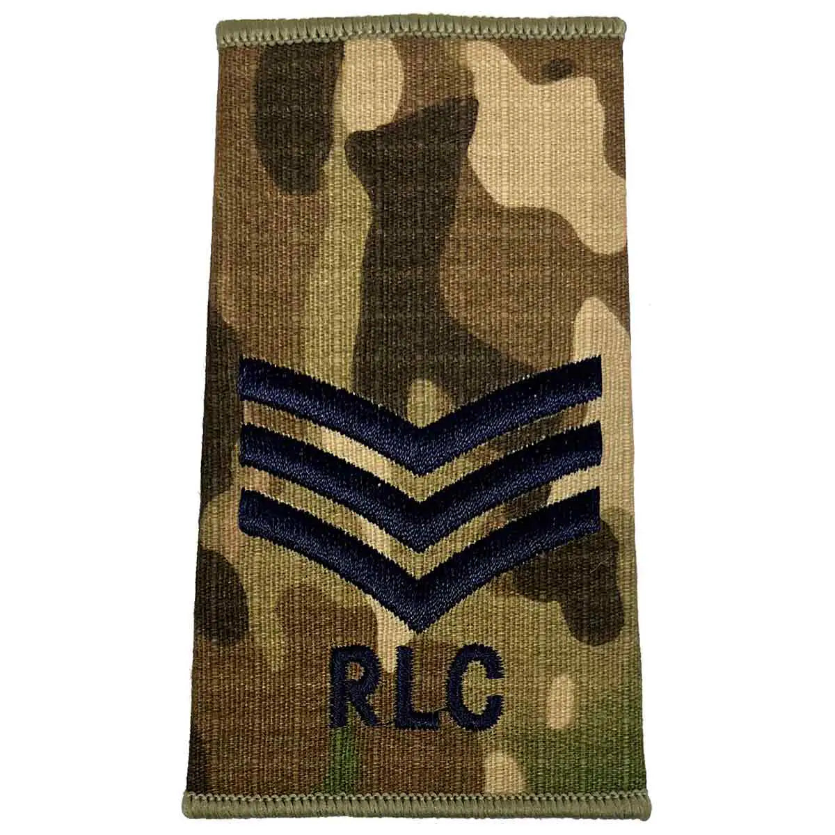 Royal Logistic Corps Multicam Rank Slide | John Bulls featuring three chevrons above RLC initials, embroidered on military camouflage. Sergeant from John Bull Clothing