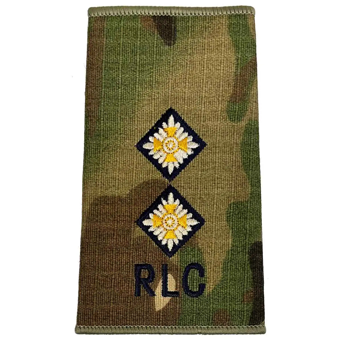 Royal Logistic Corps Multicam Rank Slide | John Bulls with two yellow star pips above RLC initials, denoting officer rank. LT from John Bull Clothing