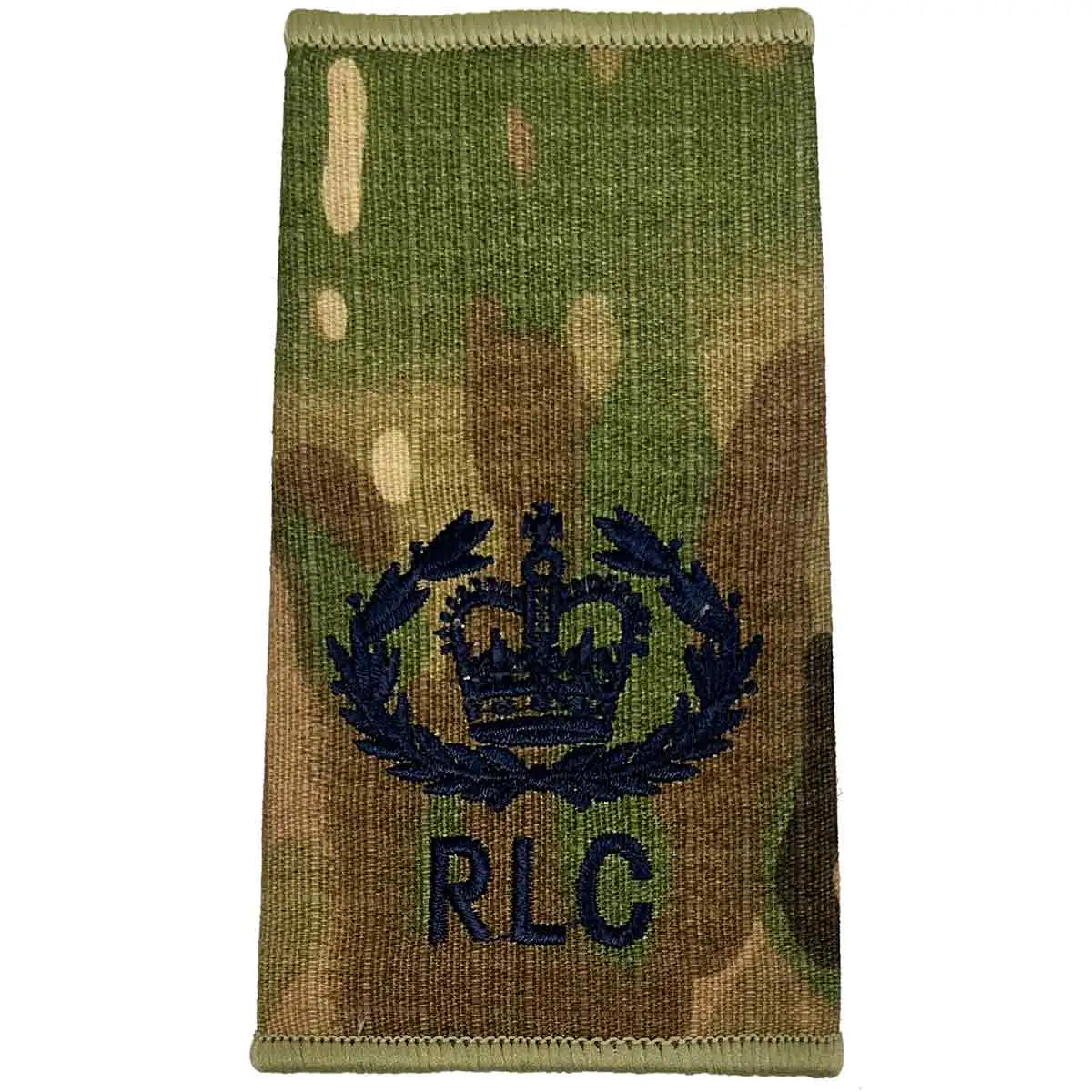 Royal Logistic Corps Multicam Rank Slide | John Bulls with laurel wreath and crown above RLC initials, embroidered on multicam fabric. from John Bull Clothing