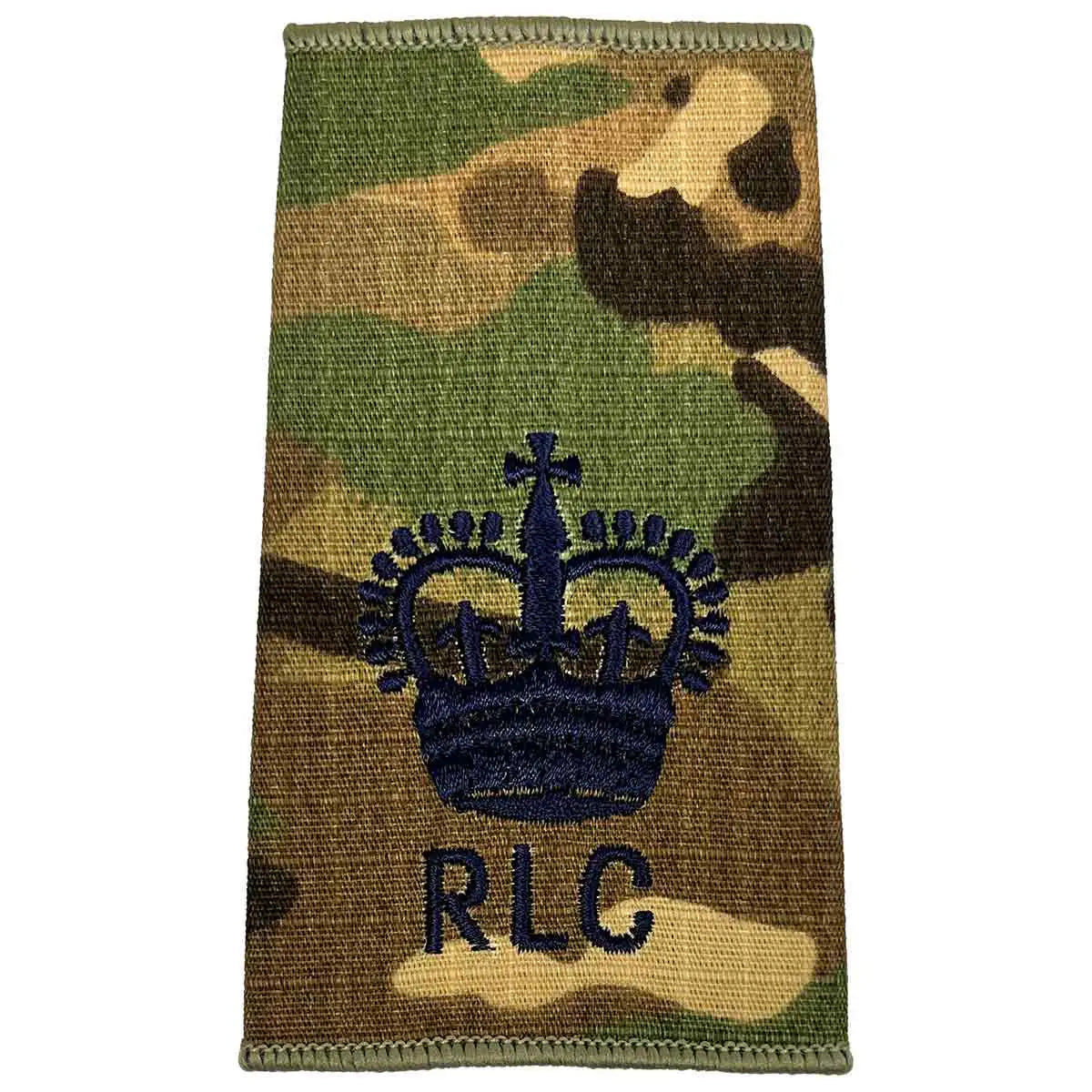 Royal Logistic Corps Multicam Rank Slide | John Bulls displaying a dark blue crown above RLC initials on Cordura multicam fabric. WO2 - Large Crown from John Bull Clothing