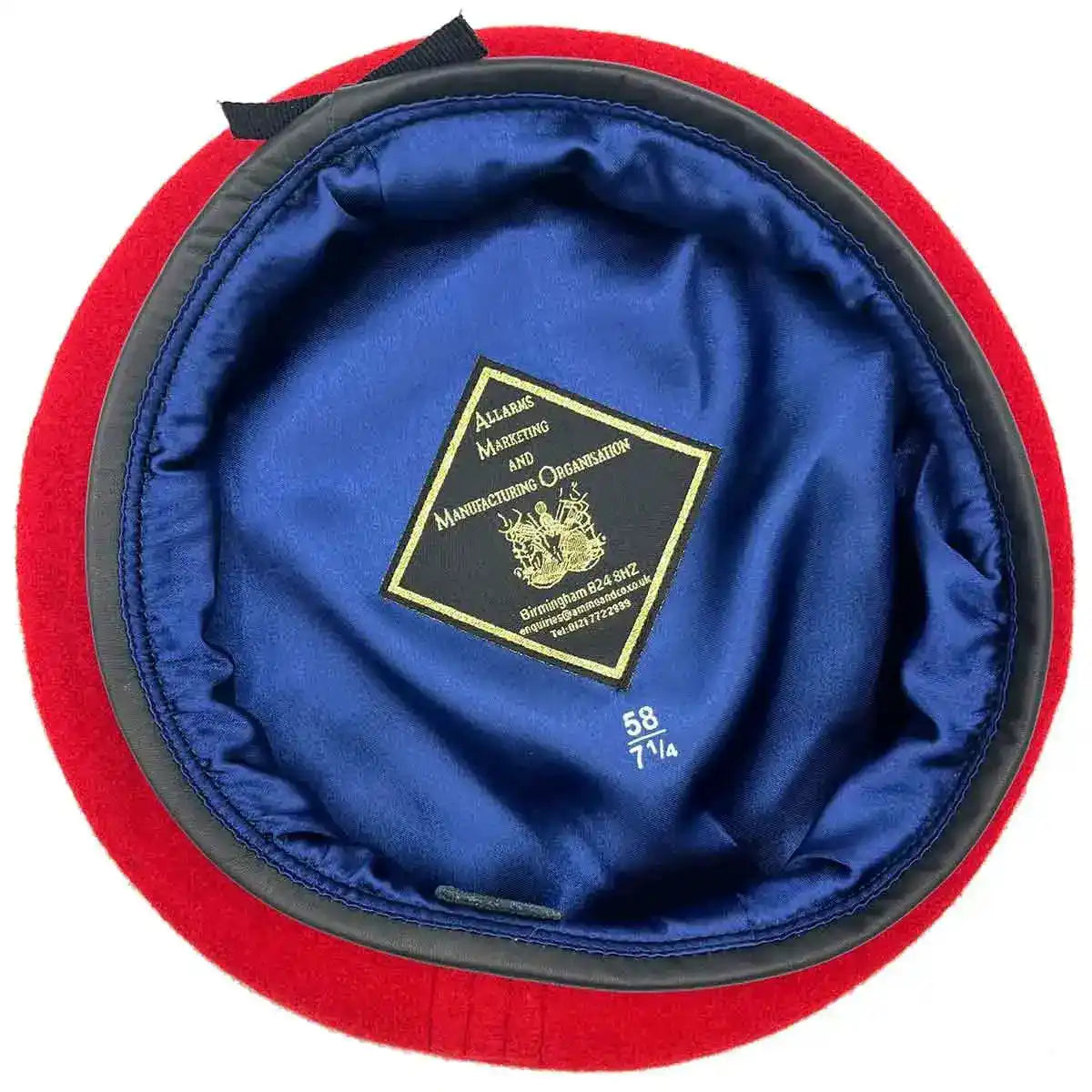Interior view of Royal Military Police Beret Silk Lined showing blue silk lining and size label, premium military uniform accessory from John Bull Clothing