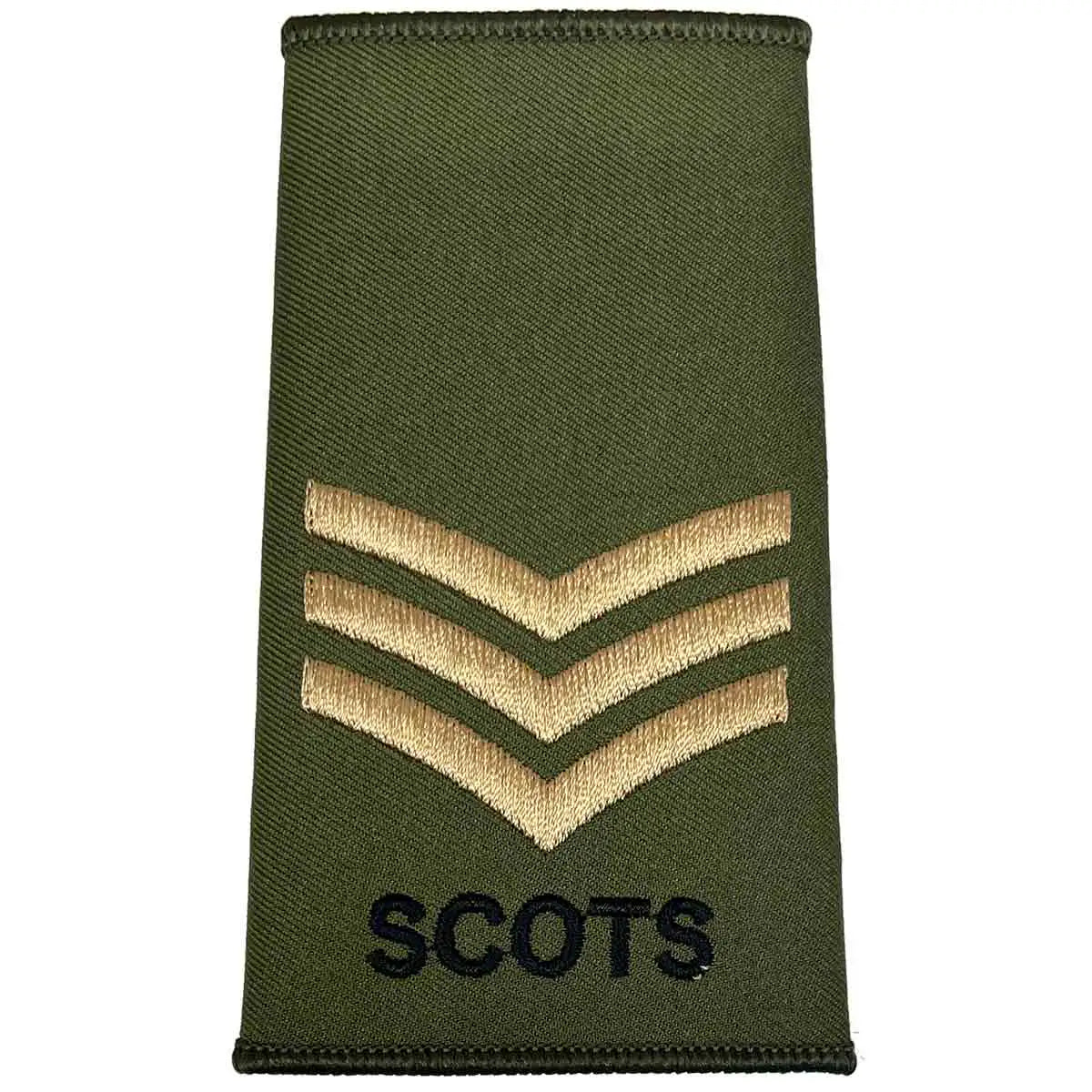 Royal Regiment of Scotland olive rank slide with three gold chevrons and 'SCOTS' text, indicating Sergeant rank. Sergeant from John Bull Clothing