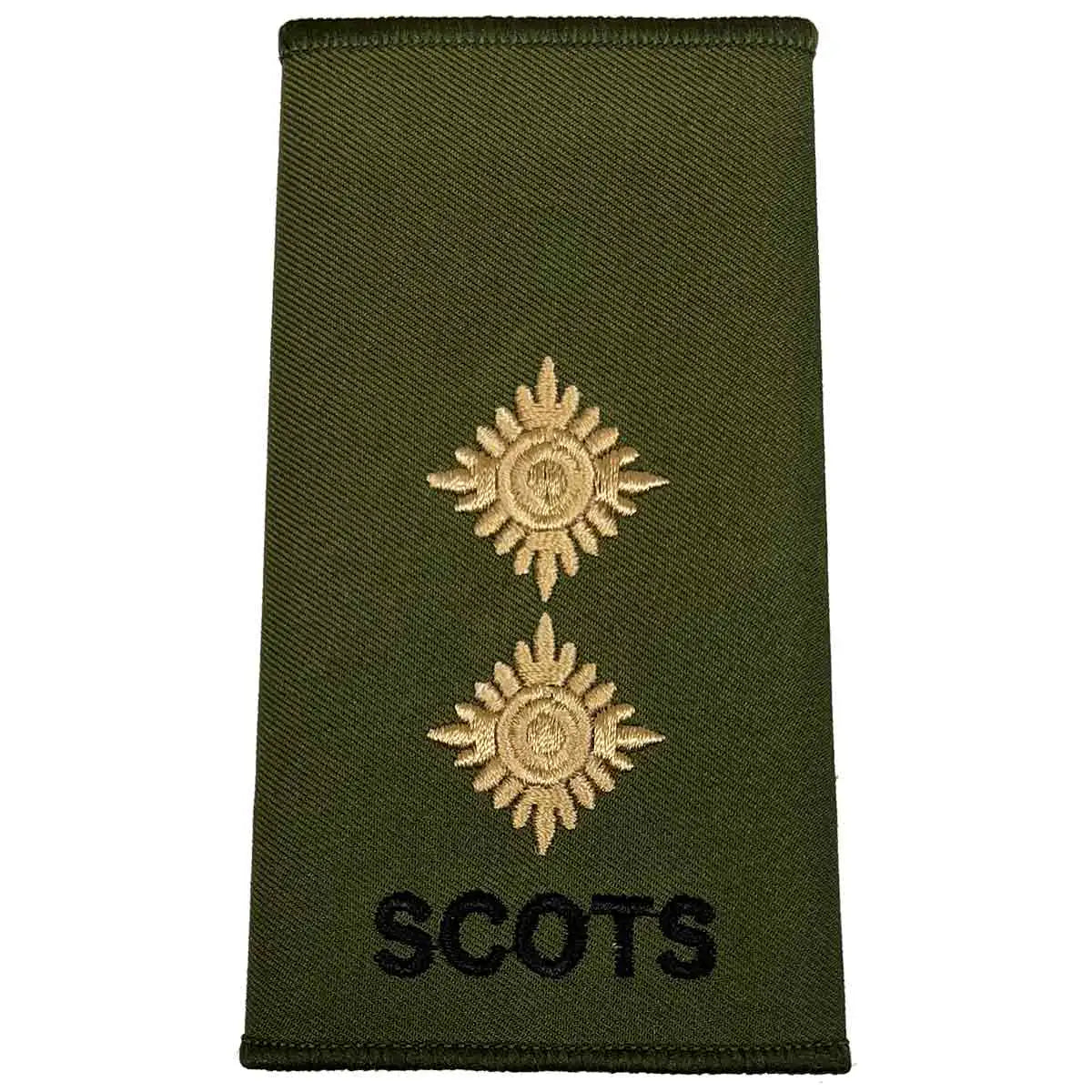 Royal Regiment of Scotland olive rank slide with two gold stars and 'SCOTS' text, denoting Lieutenant rank. LT from John Bull Clothing