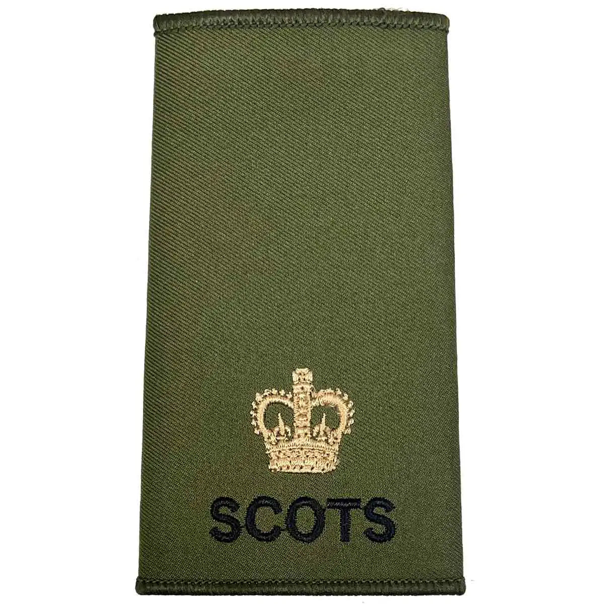 Royal Regiment of Scotland olive rank slide with small gold crown above 'SCOTS' text, suitable for junior officer ranks. Major from John Bull Clothing