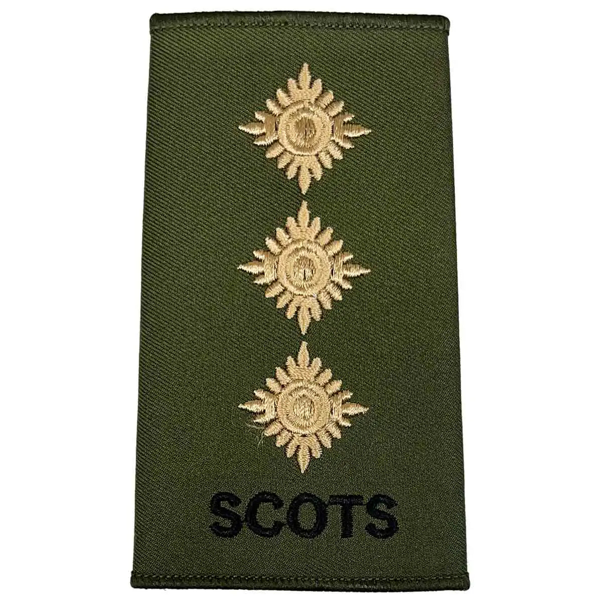 Royal Regiment of Scotland olive rank slide with three gold stars and 'SCOTS' text, indicating Captain rank. Captain from John Bull Clothing