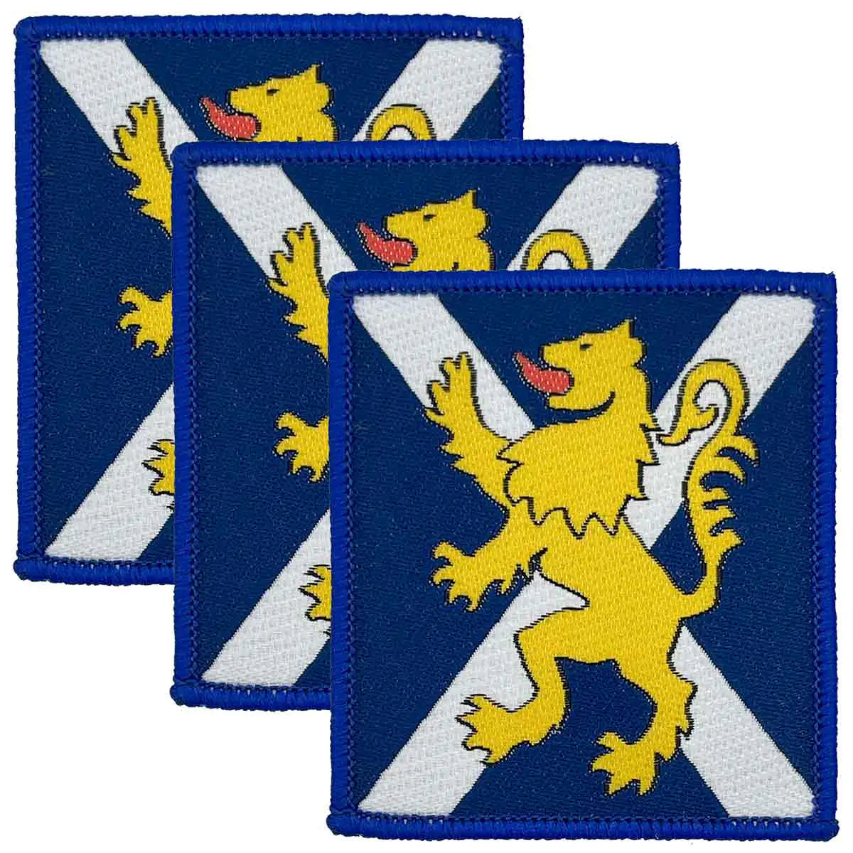 Royal Regiment of Scotland TRF patches with hook & loop backing in blue, featuring Scottish flag and heraldic lion. Sold in a set of three. Blue (Coloured) from John Bull Clothing