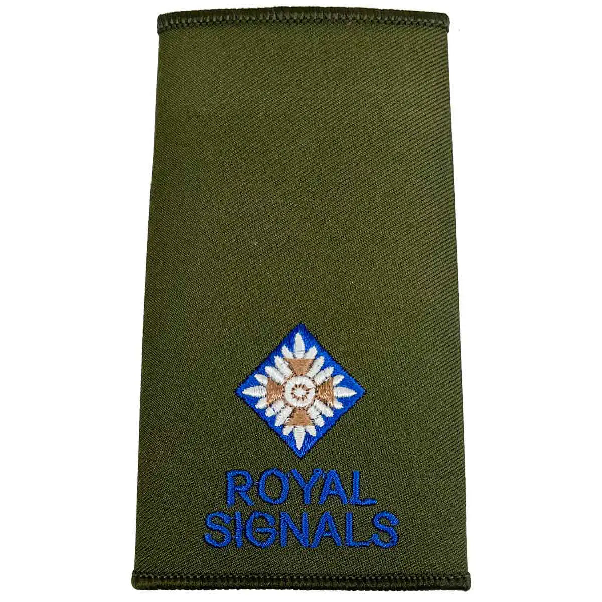 Royal Signals Olive Green Rank Slide with single diamond pip and blue embroidery, representing Second Lieutenant rank. 2nd LT from John Bull Clothing