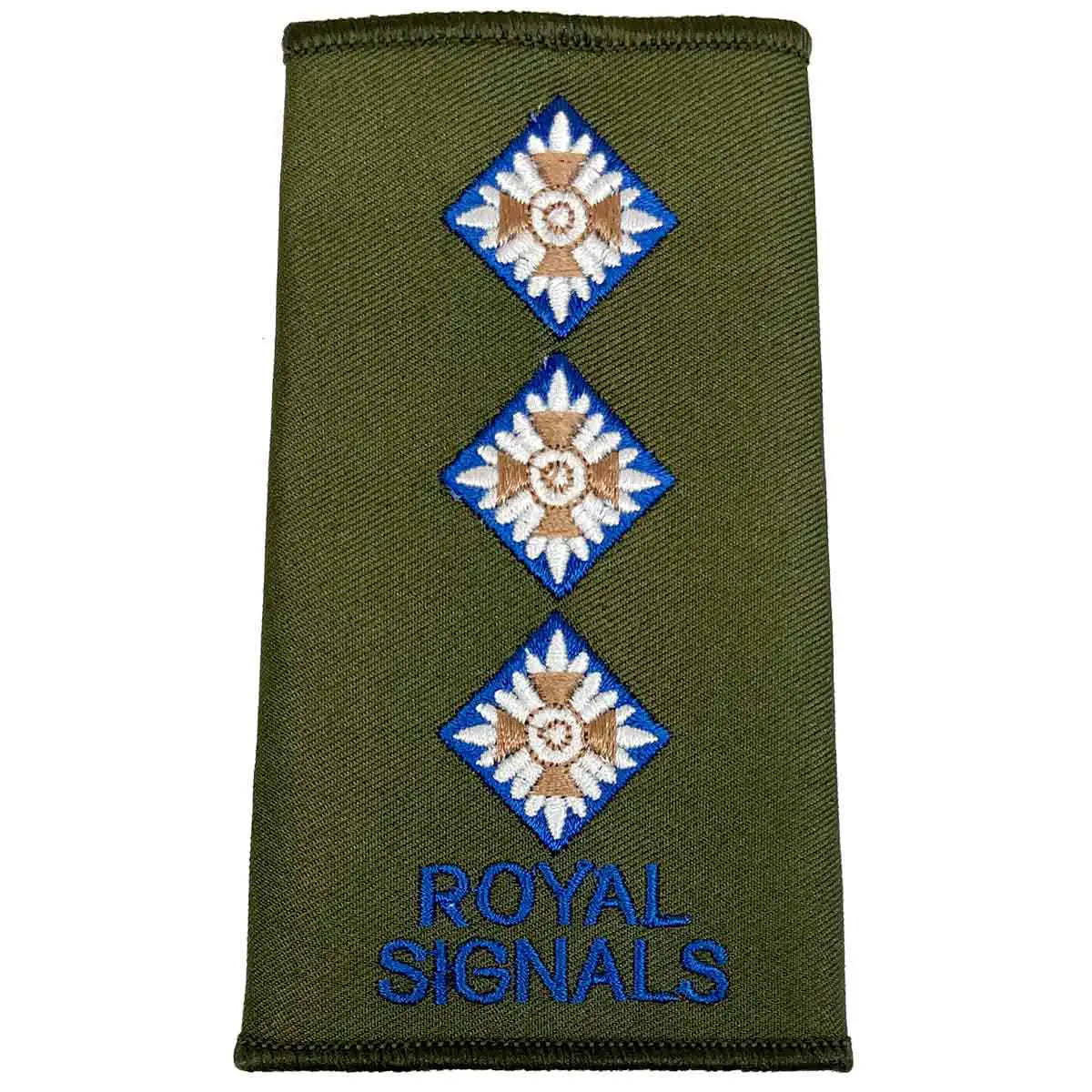 Royal Signals Olive Green Rank Slide with three diamond pips and blue text, indicating Captain rank in military uniforms. Captain from John Bull Clothing
