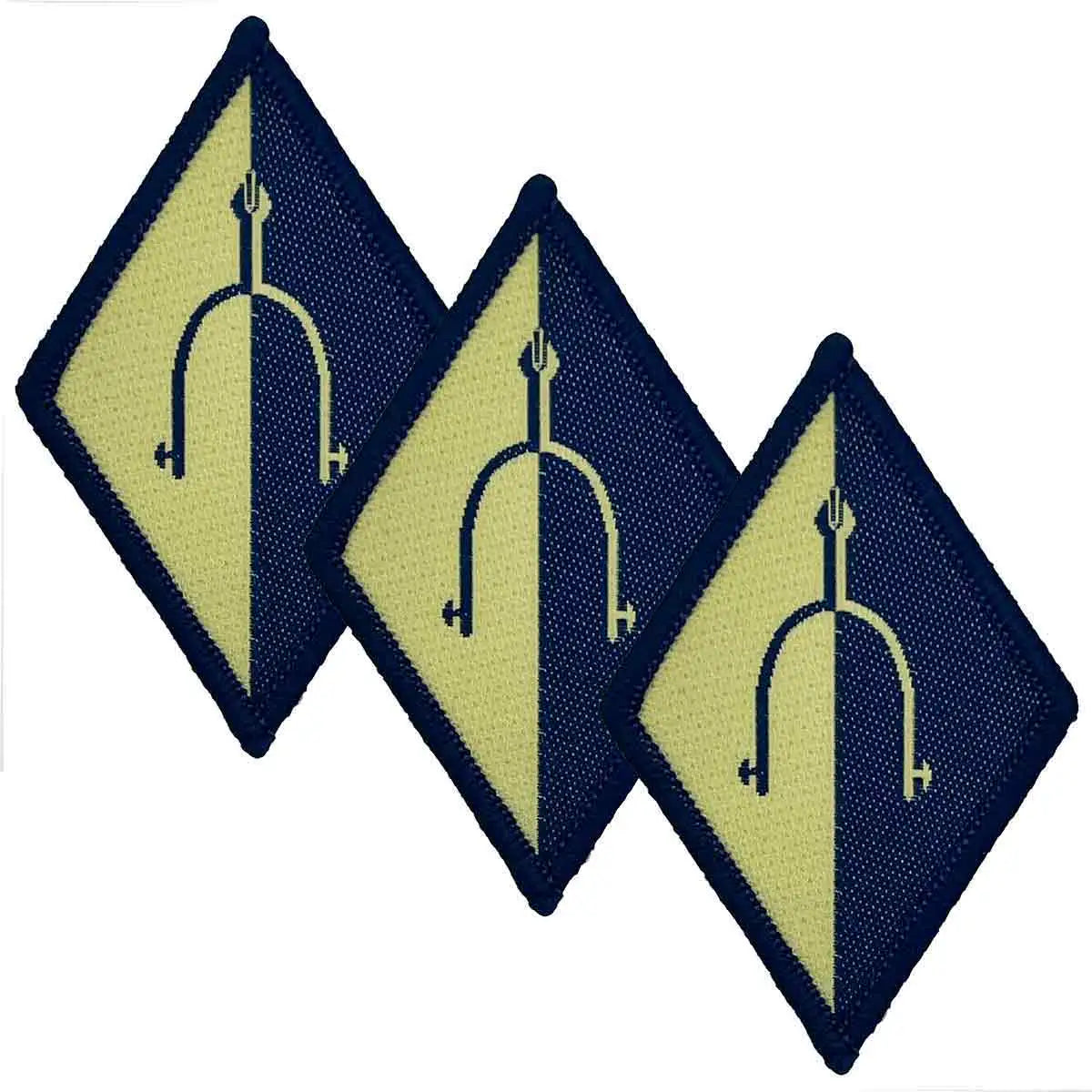 Royal Wessex Yeomanry Military TRF iron or sew-on patches in a set of three, featuring blue and yellow split background with spur emblem. 3 Pack from John Bull Clothing