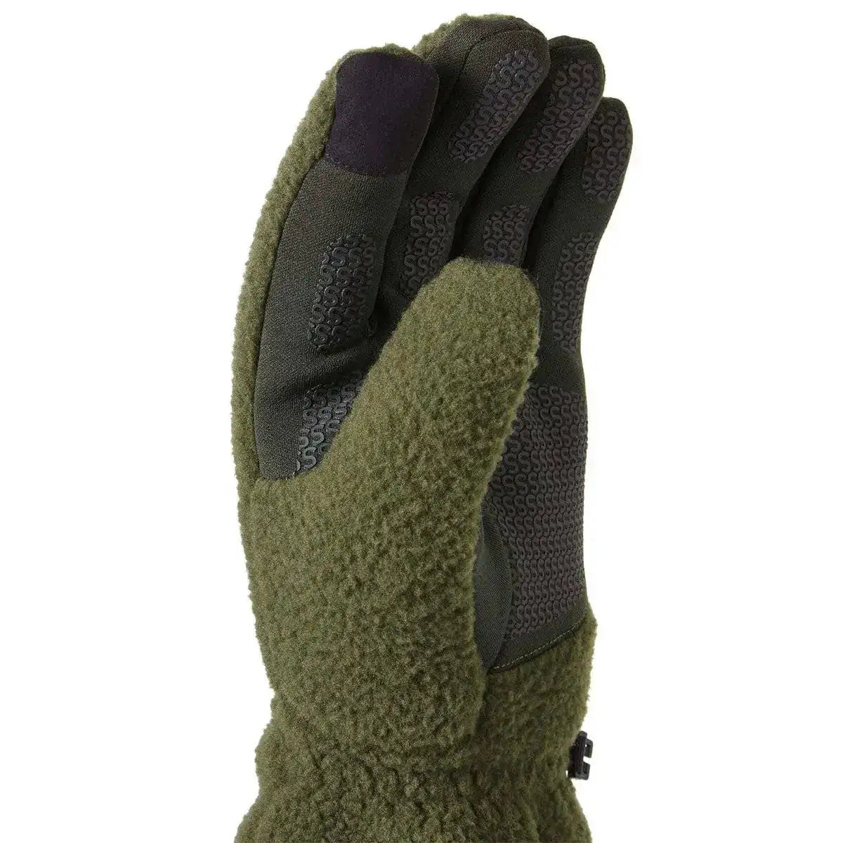 Close-up of green Sealskinz Hoveton Waterproof Sherpa Fleece Glove showing grippy palm and touchscreen thumb detail. from John Bull Clothing