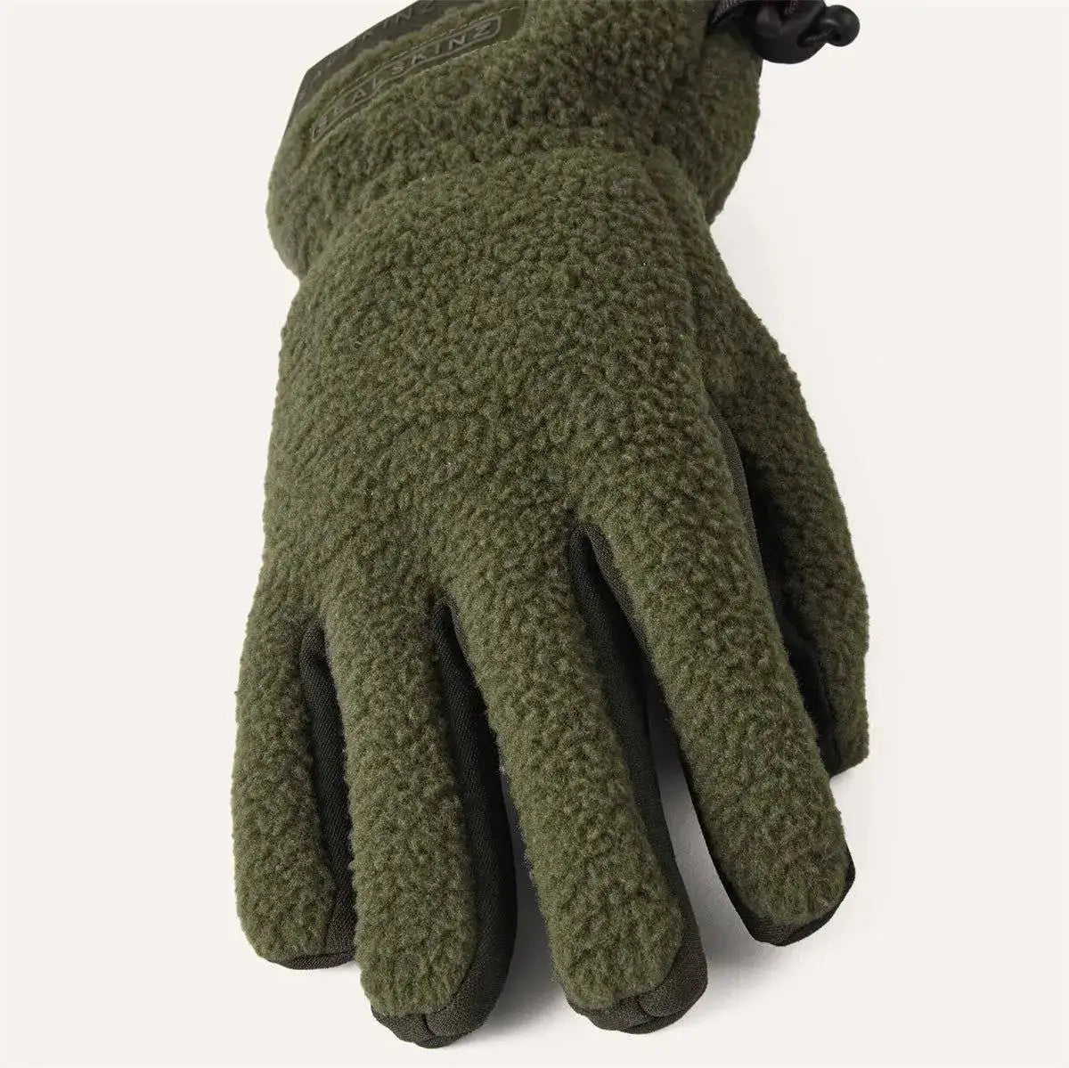 Angled view of green Sealskinz Hoveton Waterproof Sherpa Fleece Glove highlighting plush fleece texture and ergonomic design. Olive Green from John Bull Clothing