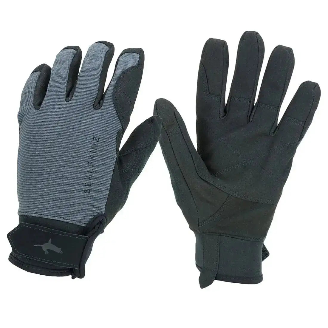 Front and back view of Sealskinz Waterproof All Weather Gloves in grey and black, showcasing ergonomic fit and waterproof features. Grey/Black from John Bull Clothing