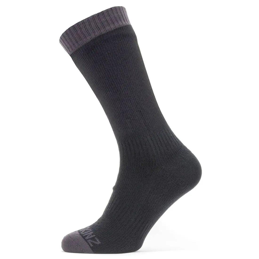 Sealskinz Waterproof Warm Weather Mid Length Sock in black with a gray cuff and toe. Features a hydrophilic waterproof membrane for moisture management. Black from John Bull Clothing
