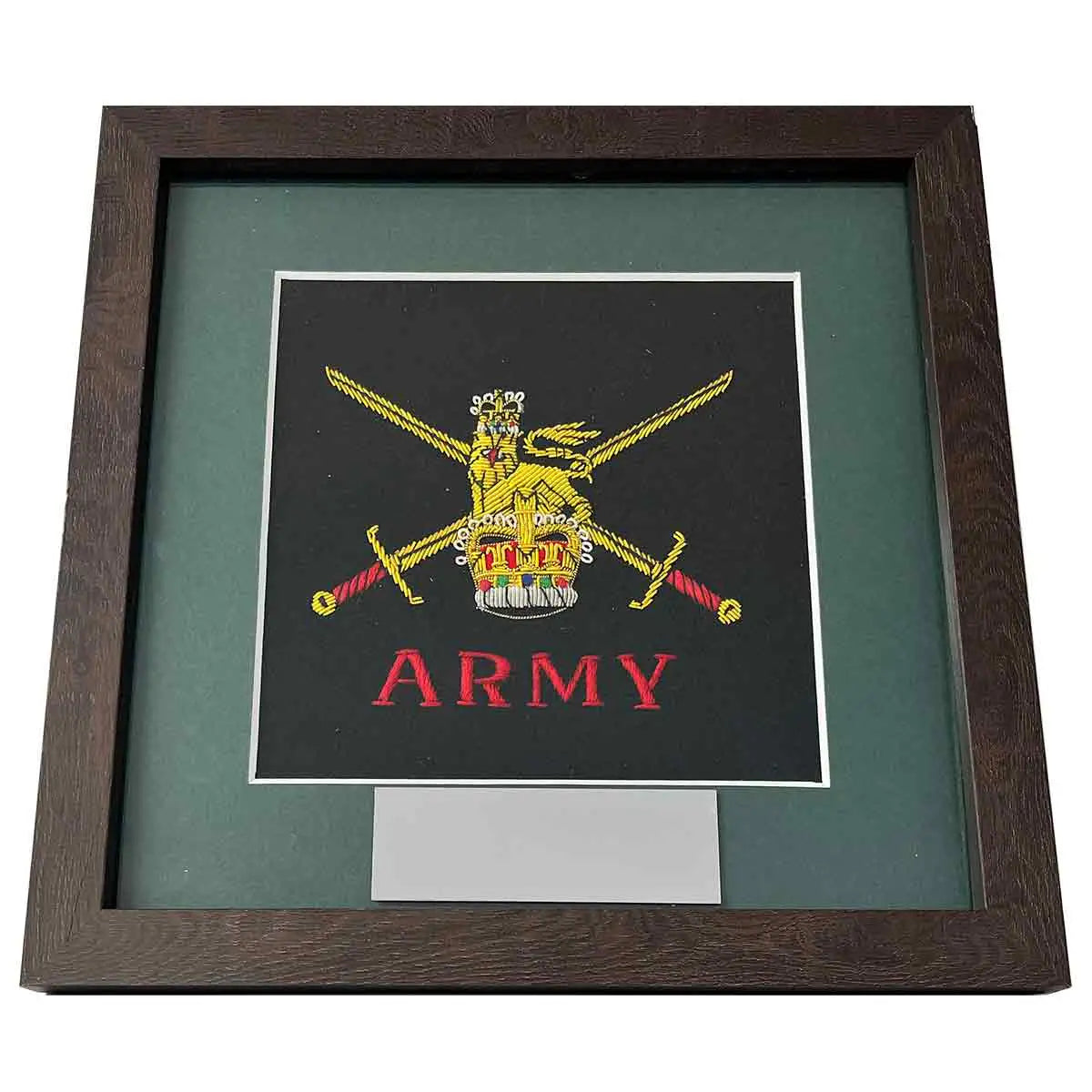 Single framed Army presentation with embroidered badge and nameplate, set in a dark green card mount and modern wooden frame. Ideal for military memorabilia display. Army from John Bull Clothing