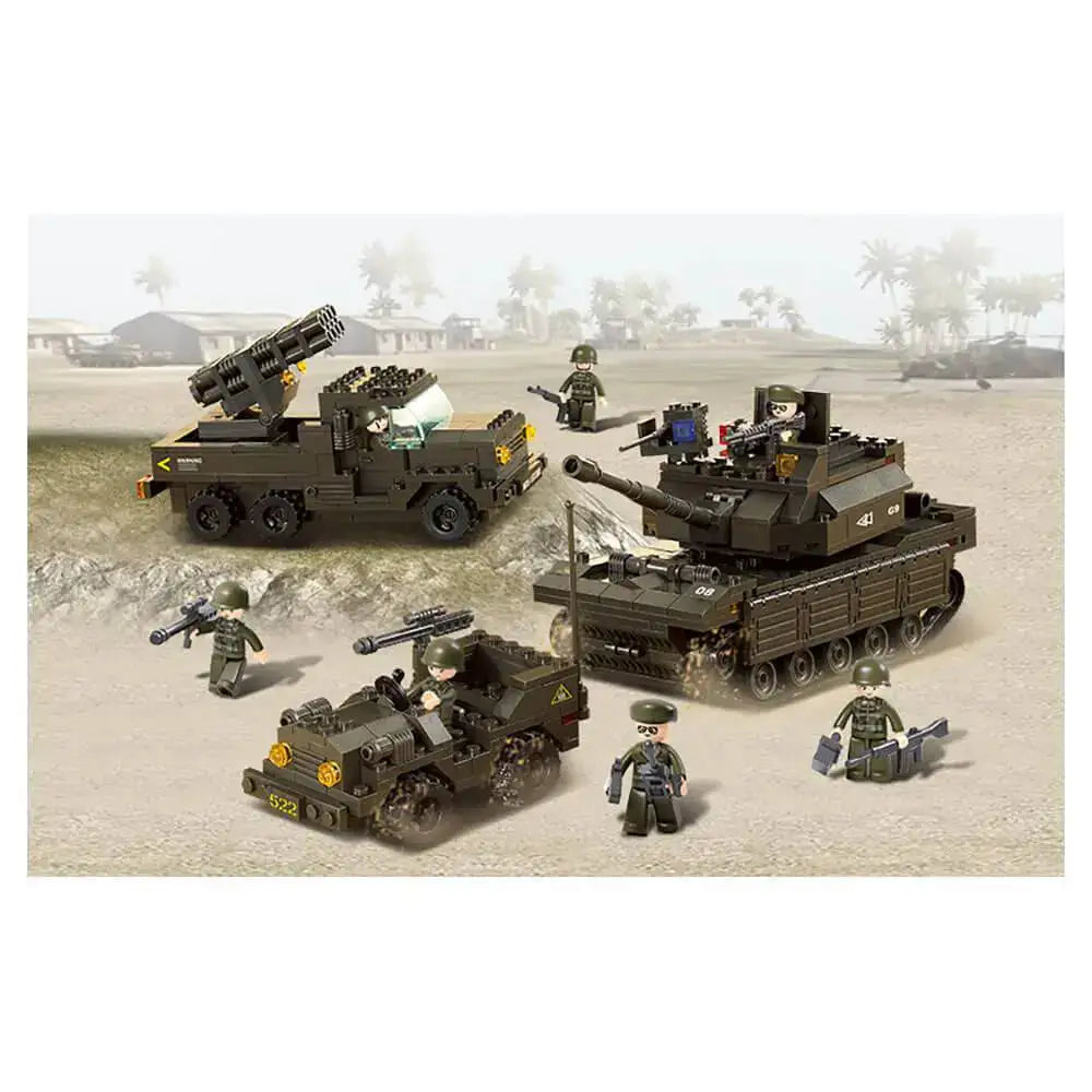 Sluban Army Land Forces Set M38-B6800 displayed in a battlefield setting with a tank, jeep, missile truck, and soldier figures for imaginative play. from John Bull Clothing