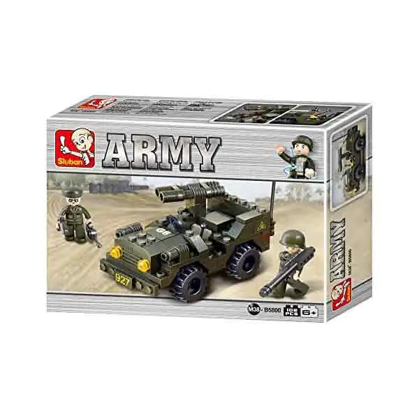 Box packaging of the Sluban Army Off-Road Jeep Set M38-B5800 displaying the assembled military jeep and soldier mini-figures. Ideal for young builders. from John Bull Clothing