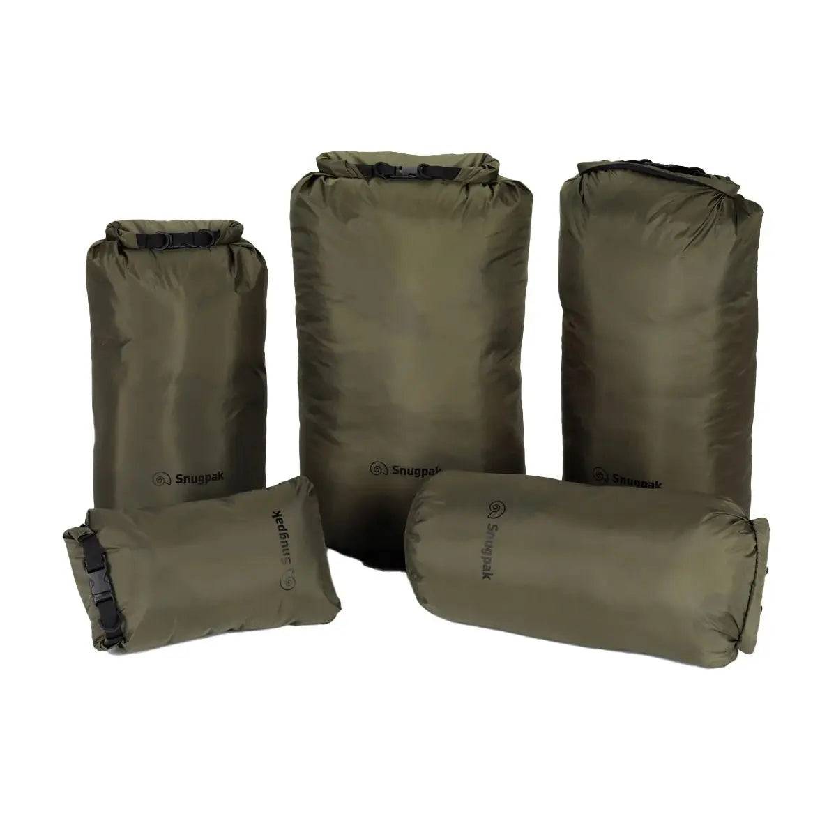 Set of five Snugpak Dri-Sak Waterproof Dry Bags in olive green, ideal for keeping belongings dry during outdoor activities and travel.