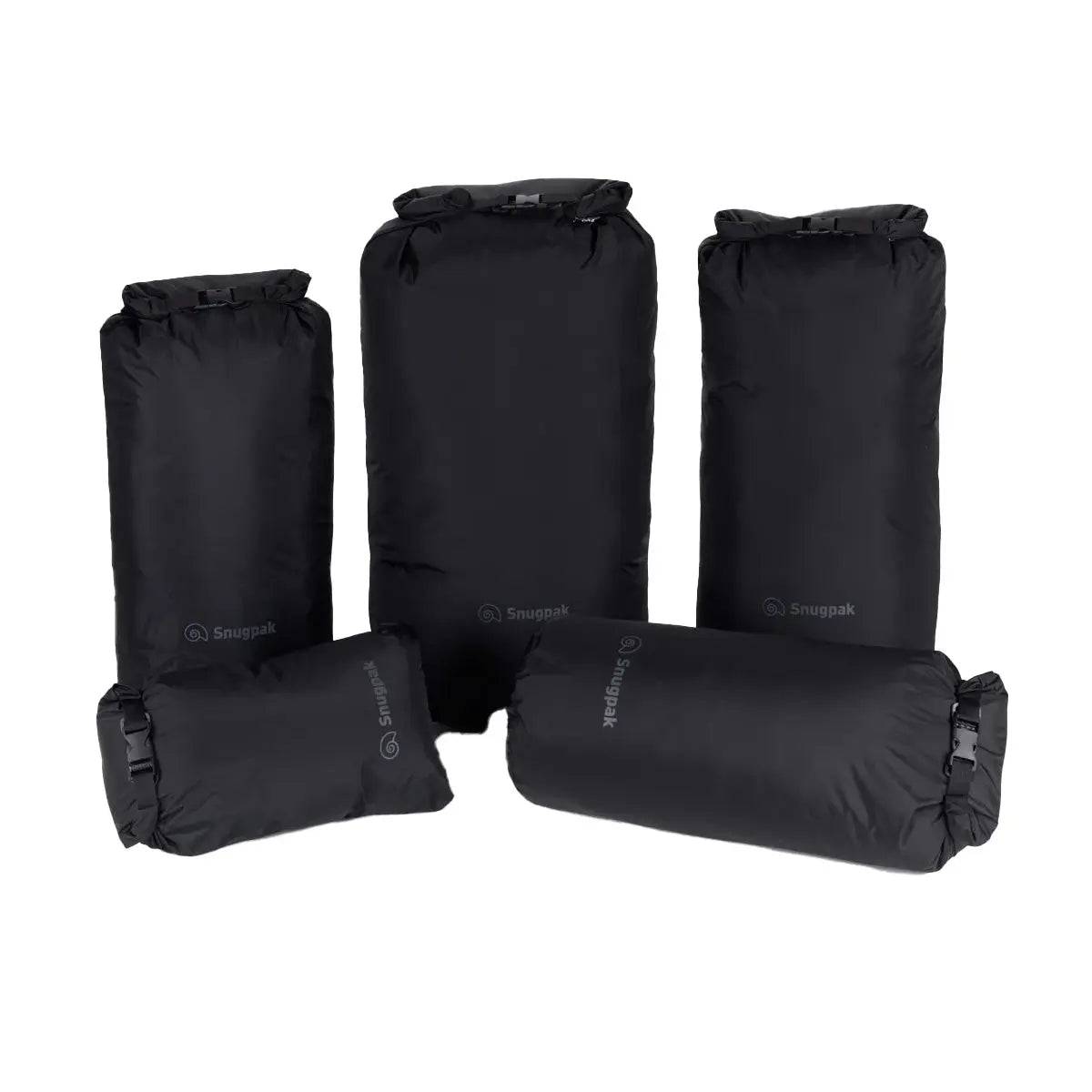 Set of five Snugpak Dri-Sak Waterproof Dry Bags in black, designed for outdoor adventures to keep gear dry and protected.