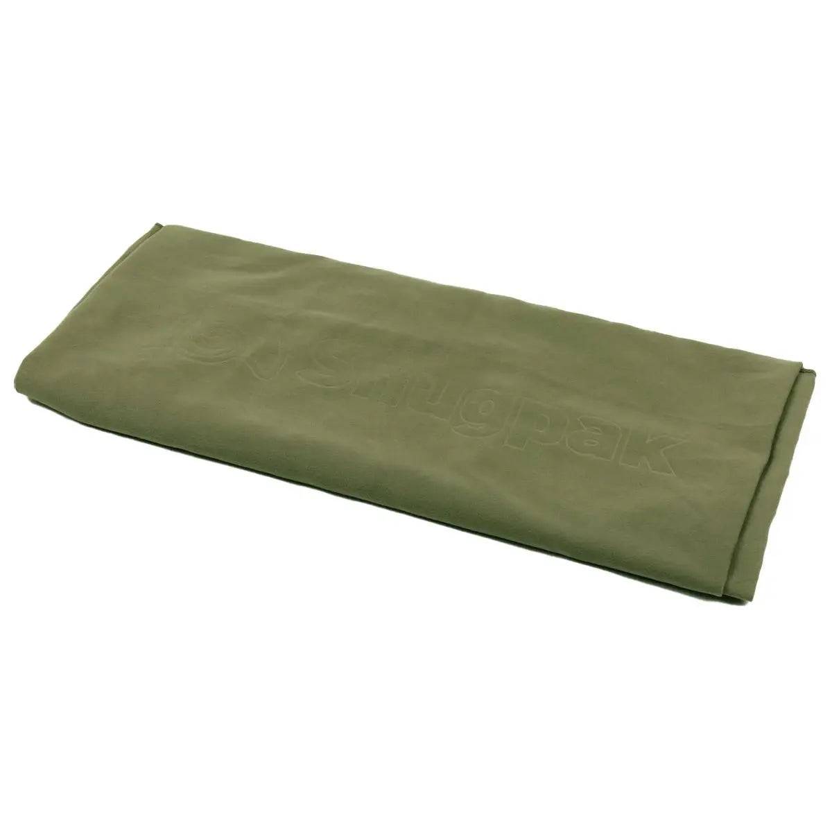 Snugpak Head to Toe Travel Towel in Olive, neatly folded. Made from quick-drying microfibre, ideal for outdoor adventures and travel.