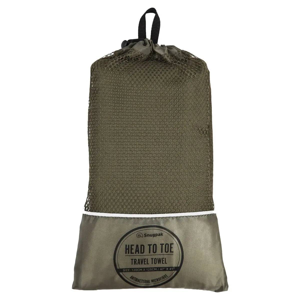 Snugpak Head to Toe Travel Towel in Olive packed in a breathable mesh storage bag. Compact and quick-drying for travel and outdoor use.