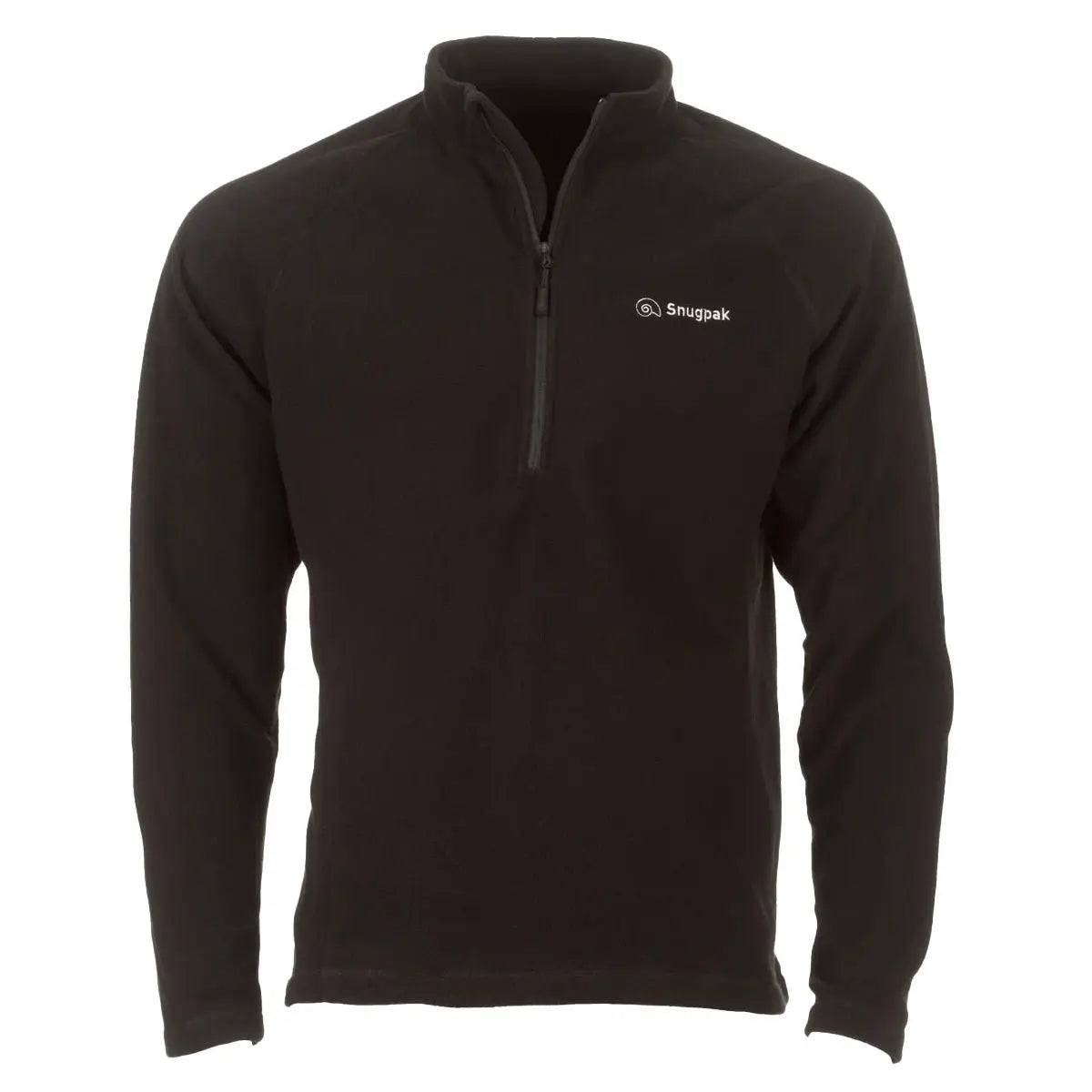 Snugpak Impact Black Fleece Shirt with quarter-zip design, offering warmth and comfort. Made from high-quality polyester fleece for outdoor and casual wear.