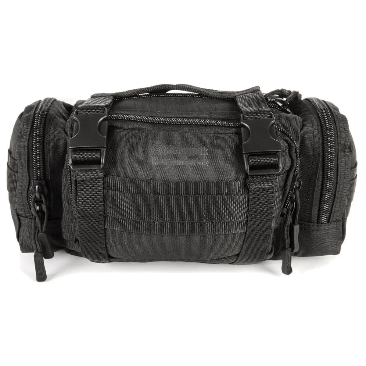 Black Snugpak ResponsePak Tactical Deployment Bag featuring multiple zippered compartments and rugged 600D nylon for tactical travel use. Black from John Bull Clothing