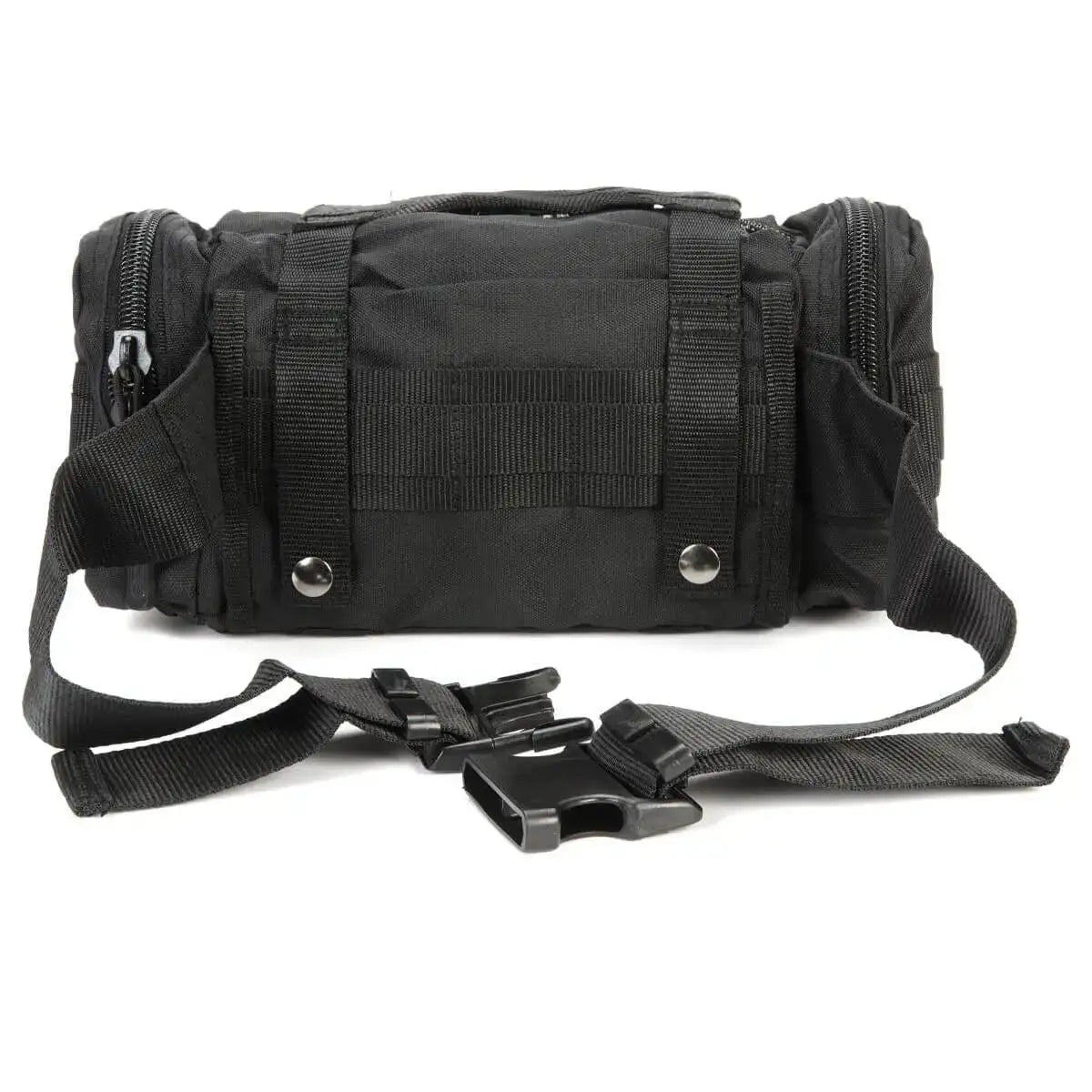 Rear view of black Snugpak ResponsePak Tactical Deployment Bag showing adjustable waist strap and MOLLE-compatible loops for secure attachment. from John Bull Clothing