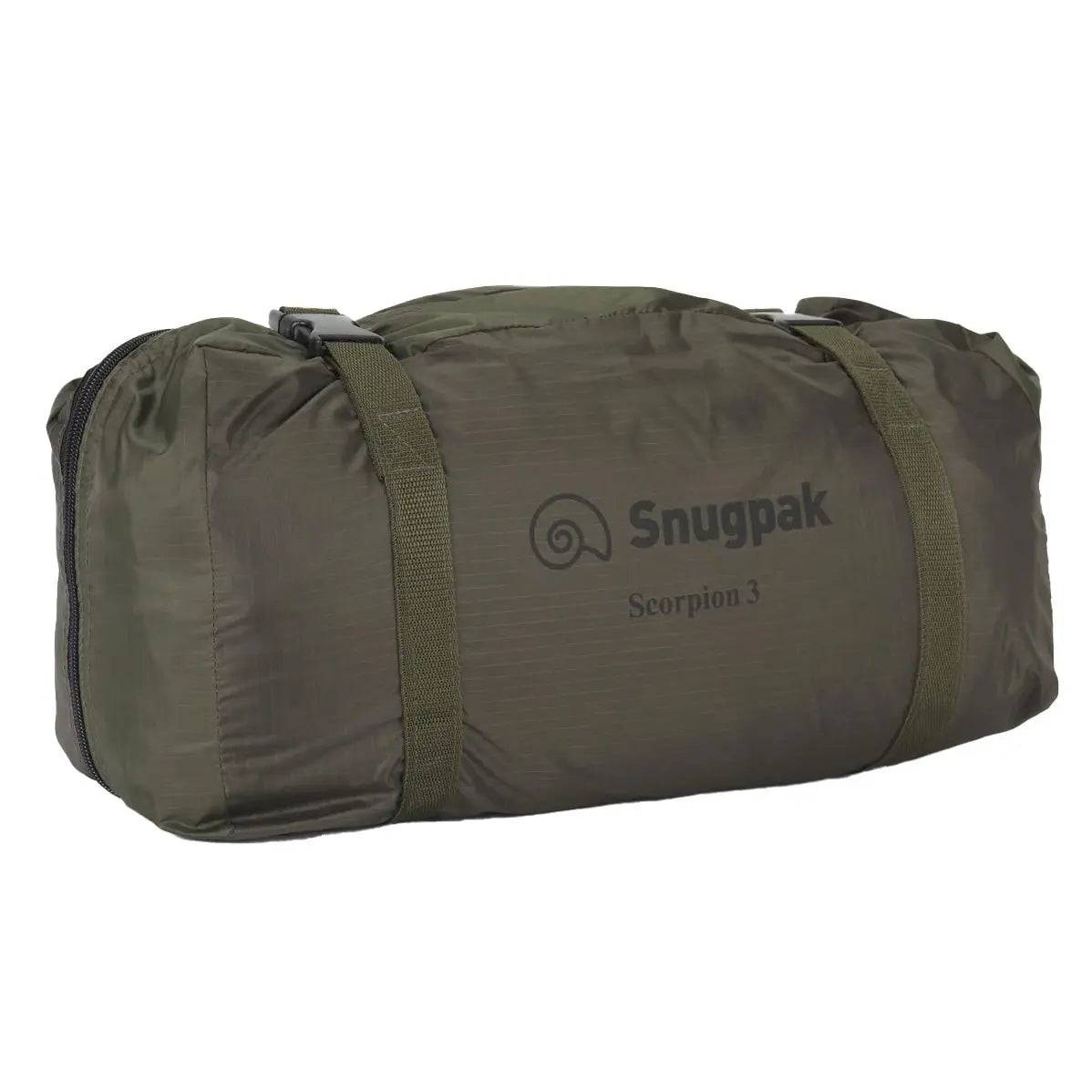 Compact carry bag with Snugpak branding for the Scorpion 3 IX Hiking Tent, designed for convenient transport and storage.
