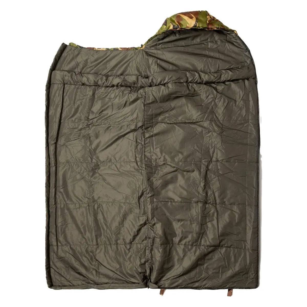 Snugpak Sleeper Kids Camo Sleeping Bag laid flat and unzipped, revealing its spacious interior and durable construction for young campers.