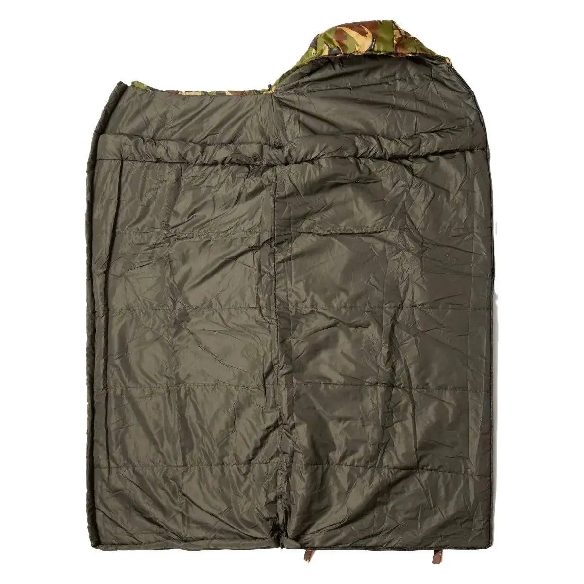 Snugpak Sleeper Kids Camo Sleeping Bag laid flat and unzipped, revealing its spacious interior and durable construction for young campers. from John Bull Clothing