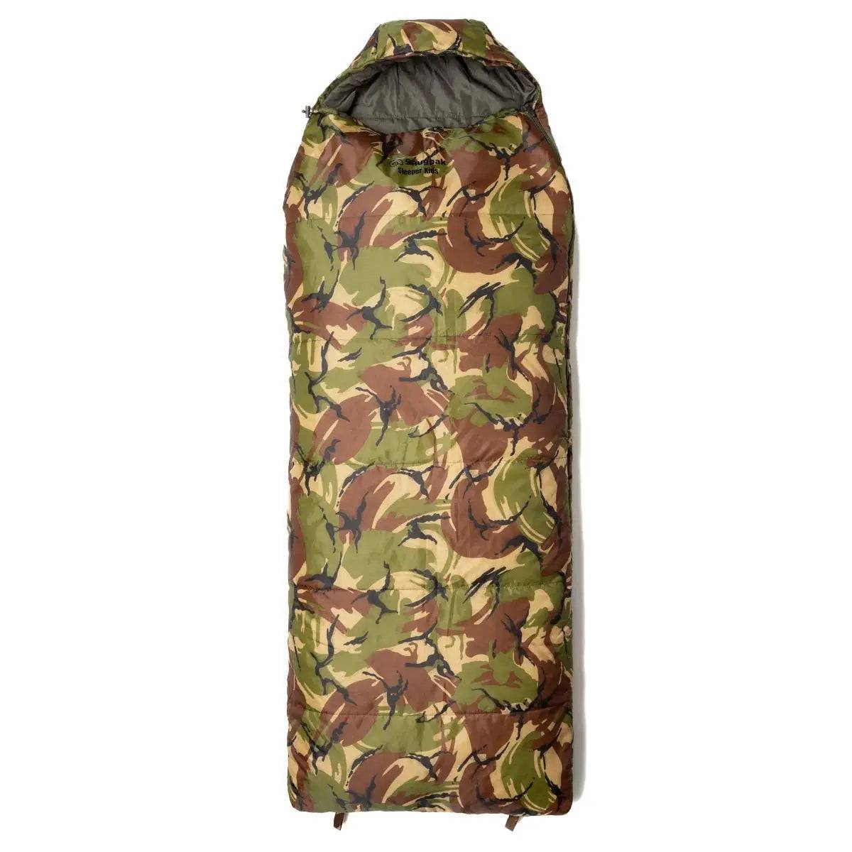 Snugpak Sleeper Kids Camo Sleeping Bag fully zipped up, featuring a camouflage pattern and a snug hood for added warmth during camping trips.