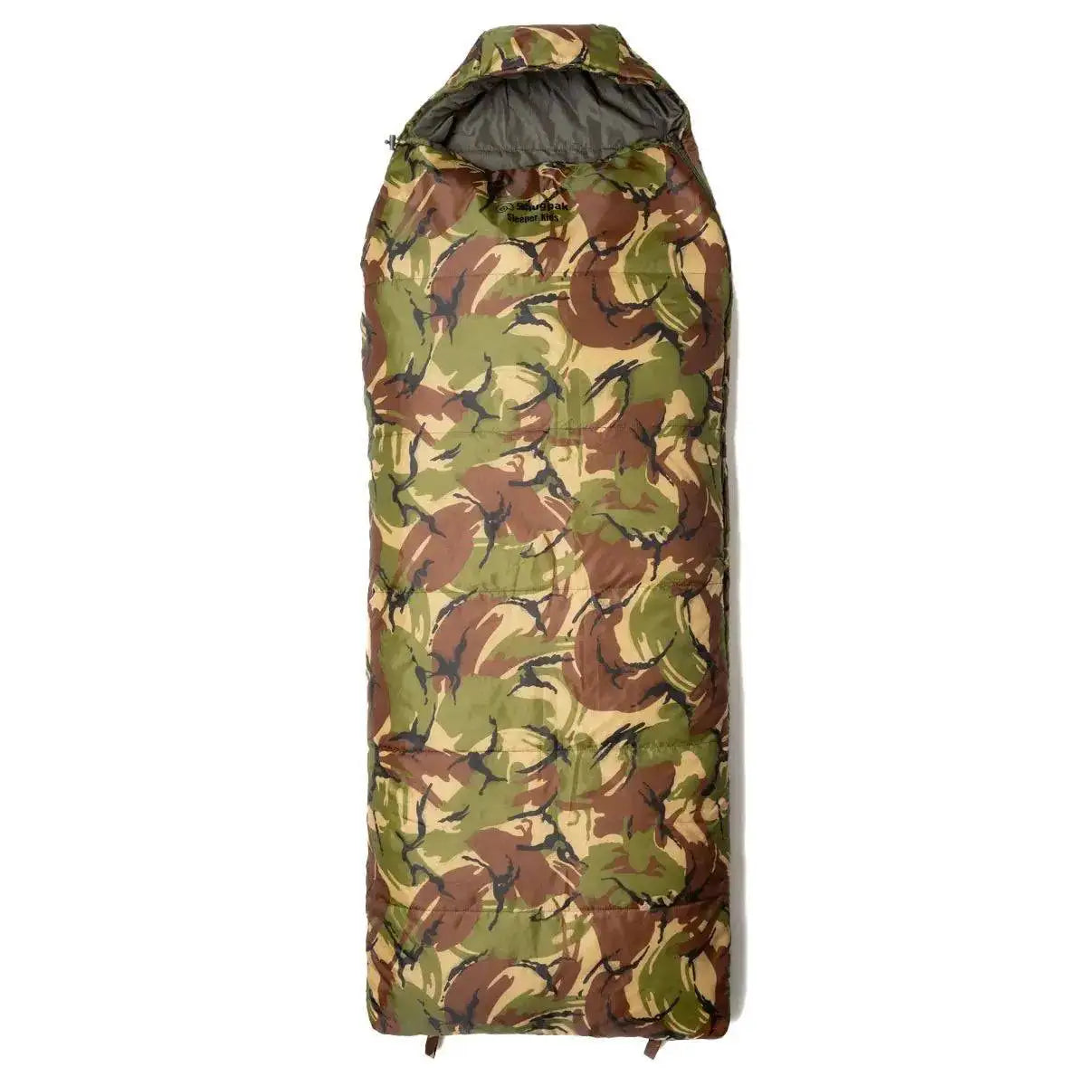 Snugpak Sleeper Kids Camo Sleeping Bag fully zipped up, featuring a camouflage pattern and a snug hood for added warmth during camping trips. from John Bull Clothing