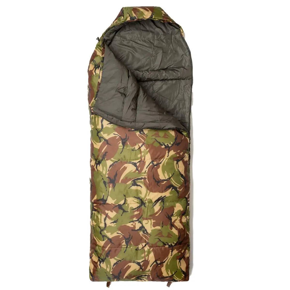 Snugpak Sleeper Kids Camo Sleeping Bag with a partially opened design, showcasing its insulated interior for warmth and comfort during outdoor adventures.