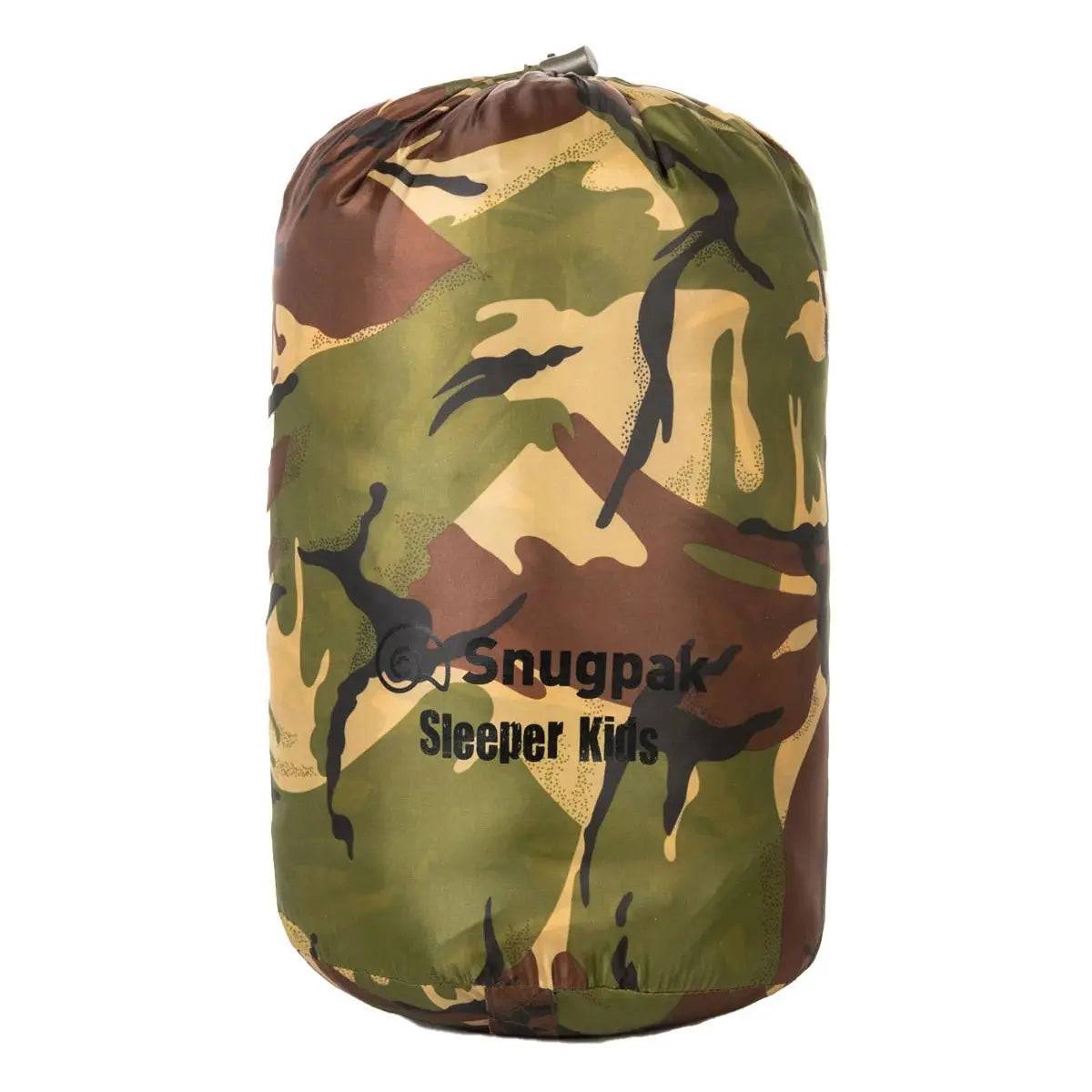 Snugpak Sleeper Kids Camo Sleeping Bag packed in its compact stuff sack, making it easy to carry and store for outdoor adventures.