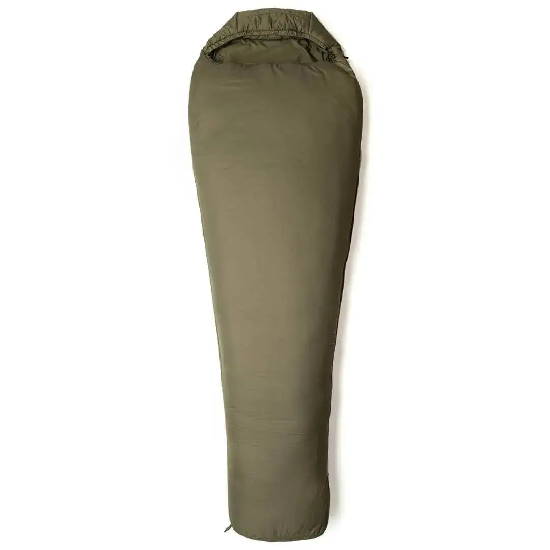 Back view of olive green Snugpak Softie 10 Harrier Sleeping Bag showing tapered design for efficient heat retention in cold climates. from John Bull Clothing